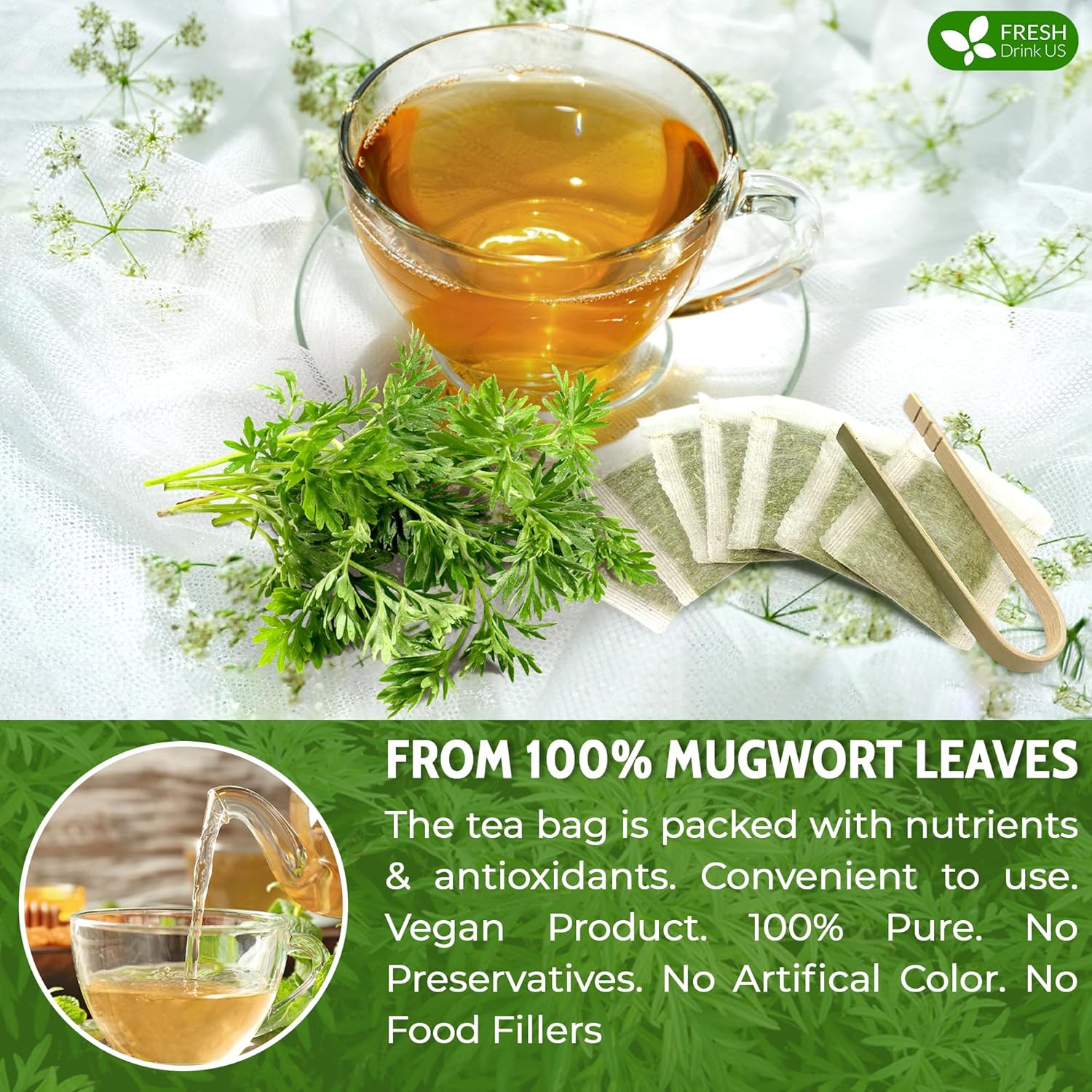 FreshDrinkUS, Premium 45 Mugwort Leaf Tea Bags, 100% Natural and Pure Mugwort Leaves. No Sugar, No Caffeine, No Gluten, Vegan. (45 Tea Bags) - Image 4