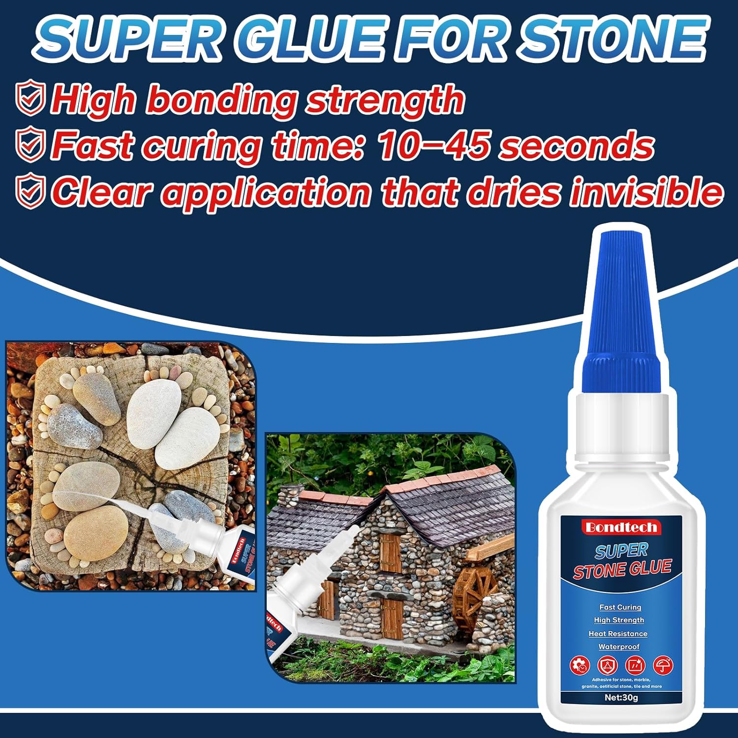 Stone Glue 30 g, Marble Glue Instant, with Anti-Clog Cap, Strong Clear Adhesive for Marble, Granite, Artificial Stone, Tile, DIY, Waterproof (Clear, 30 Grams * 1 Pack, Stone Glue) - Image 2