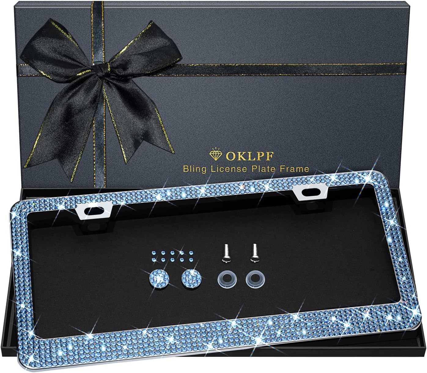 Bling License Plate Frame for Women, 1PCS Sparkly License Plate Frames| Over 1200 pcs 14 Facets Bedazzled Clear Glass Diamond Rhinestone Crystals w/Free Glitter Diamond Box (Light Blue)