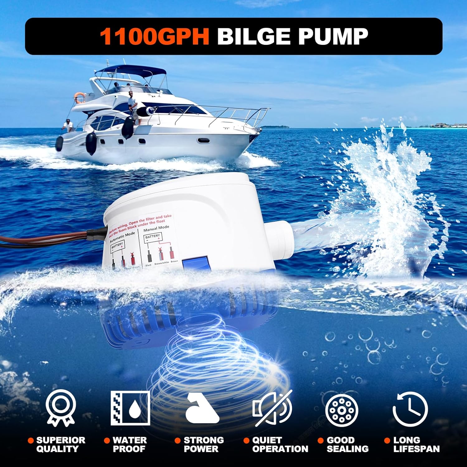 1100 GPH Automatic Boat Bilge Water Pump 12V, 1-1/8 Inch Dia Bilge Pump Plumbing Kit with 6FT Hose, 2 Clamps, Thru-Hull Fitting, Ideal for Fishing Boats, Cruisers, Runabouts, Yachts - Image 7