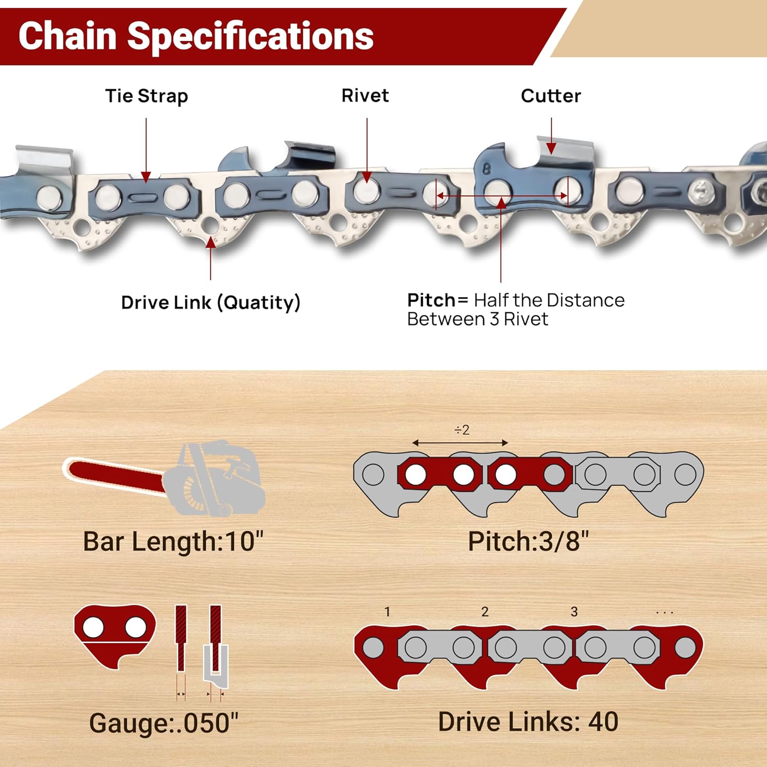 3-Pack 10 Inch Chainsaw Chain 40 Drive Links, 3/8" Pitch, 0.050" Gauge, Fit for Craftsman, Remington, Worx, Sun Joe, Greenworks, Earthwise, Echo, Oregon, Husqvarna Chainsaws and More-S40 - Image 3