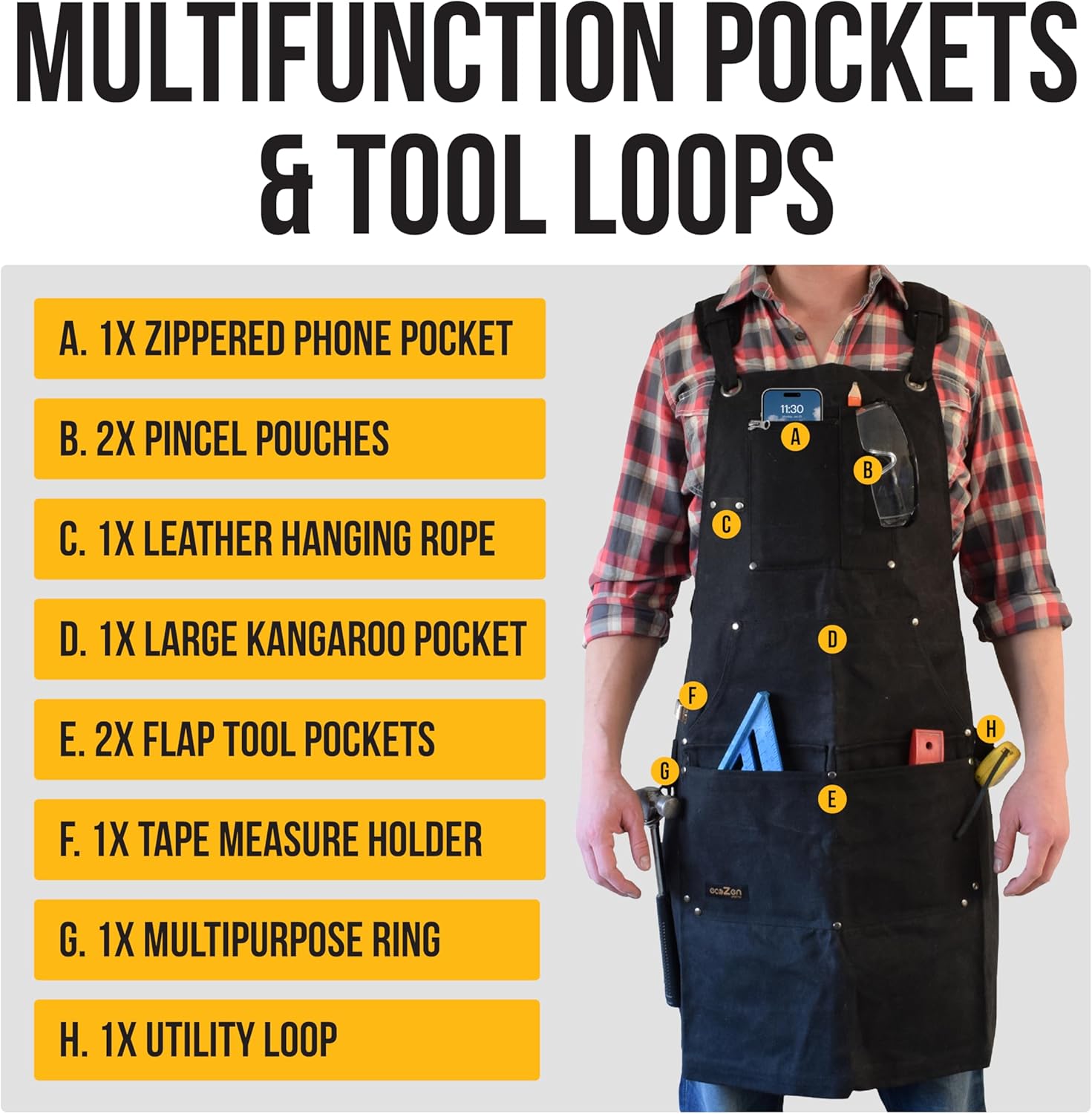 ecoZen Waxed Canvas Welding Apron with Kevlar Thread - Heat and Chemical Resistant, Fully Adjustable to Comfortably Fit Men and Women, 27 x 34 inches, Heavy Duty Tool Apron - Black, Size S to XXL - Image 6