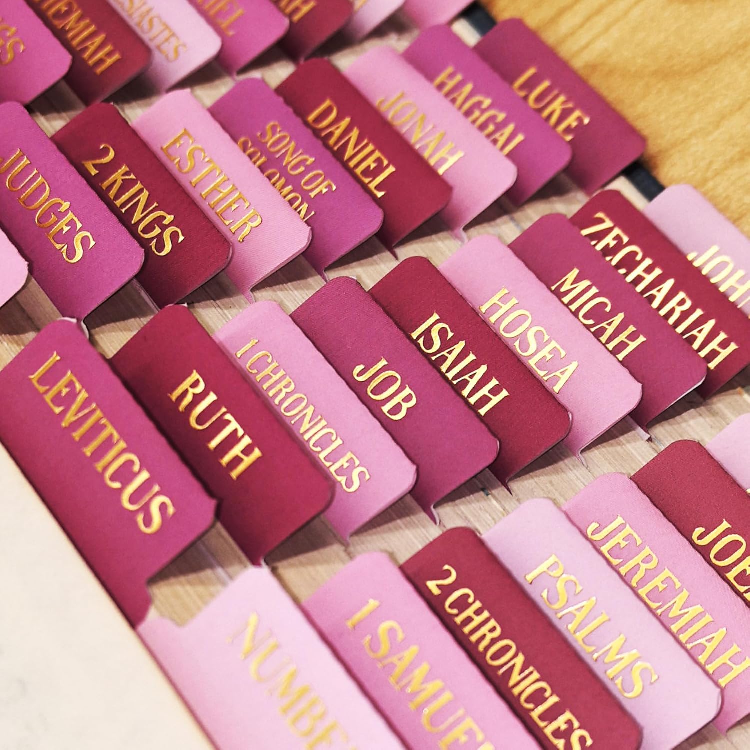 Laminated Bible Tabs, Gold Foil Embossed Lettering Bible Chapter Index Tabs for Women Men, Reposition Large Print Sticky Labels, Easy to Read and Apply, 105 Chapters Labels for Easy Navigation, Pink
