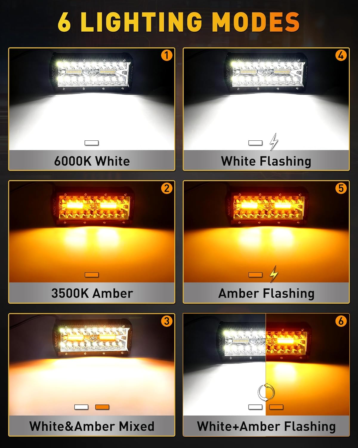 NAOEVO 7 Inch LED Light Bar, White Amber Offroad Fog/Driving Lights LED Pods with Strobe/Memory Function, 2 Leads Wiring Harness Included, Work for Truck Boat ATV UTV, 2-Pack (6 Modes) - Image 2