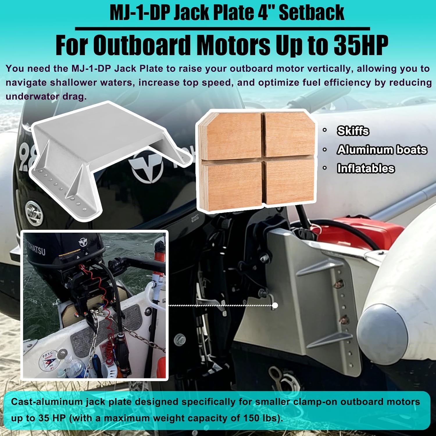 MJ-1-DP Jack Plate 4'' Setback Small Engine Jack Plate for Outboard Motors Up to 35HP (Wooden Mounting Block Included) Manual Add Distance Between Engine and Transom - Image 2