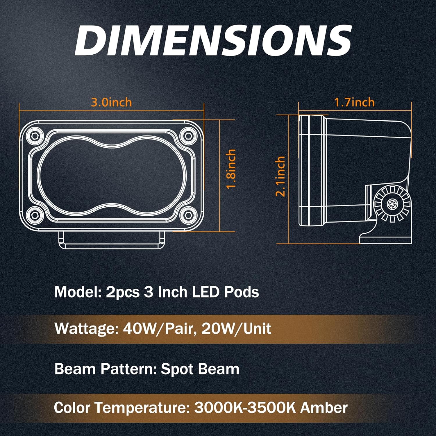 Amber LED Pods, 3 Inch 40W Fog Lights Spot Beam Chase Light Small LED Pods Lights Auxilary Light for Motorcycle Truck UTV SUV ATV Dirt Bike Boat-2 Packs - Image 2