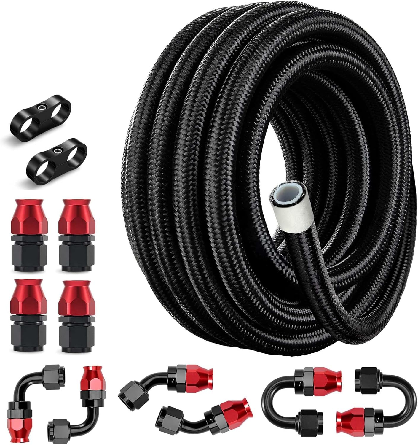 EVIL ENERGY 6AN PTFE Fuel Line Kit,E85 Nylon Braided Fuel Hose 20FT Black&Red AN6 PTFE Fuel Line Hose(5/16Inch ID)
