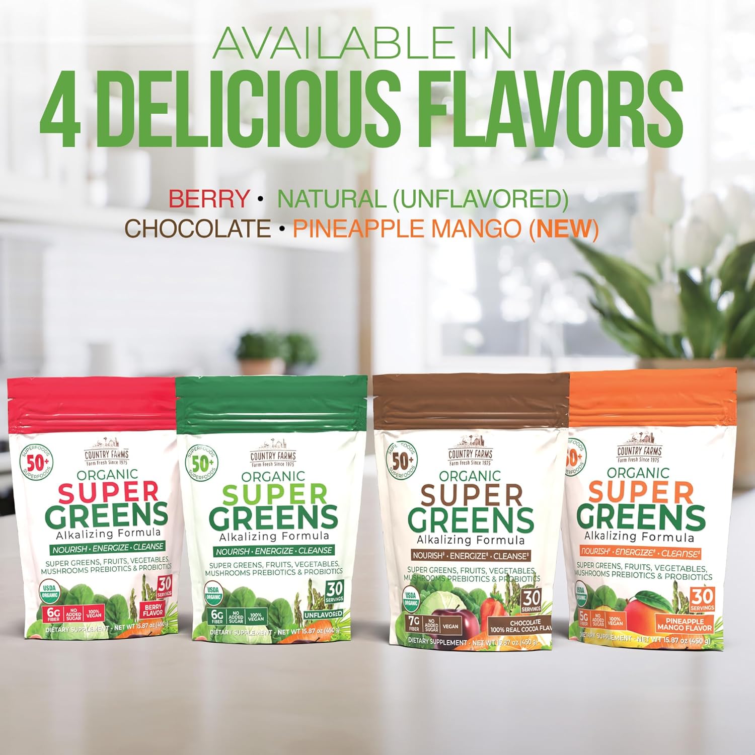 Country Farms Super Greens Natural Flavor, 50 Organic Super Foods, USDA Organic Drink Mix (Wheat Grass, Spirulina, Chlorella) Mushrooms & Probiotics, Fiber, Gut Health, Natural Energy, 30 Servings - Image 7