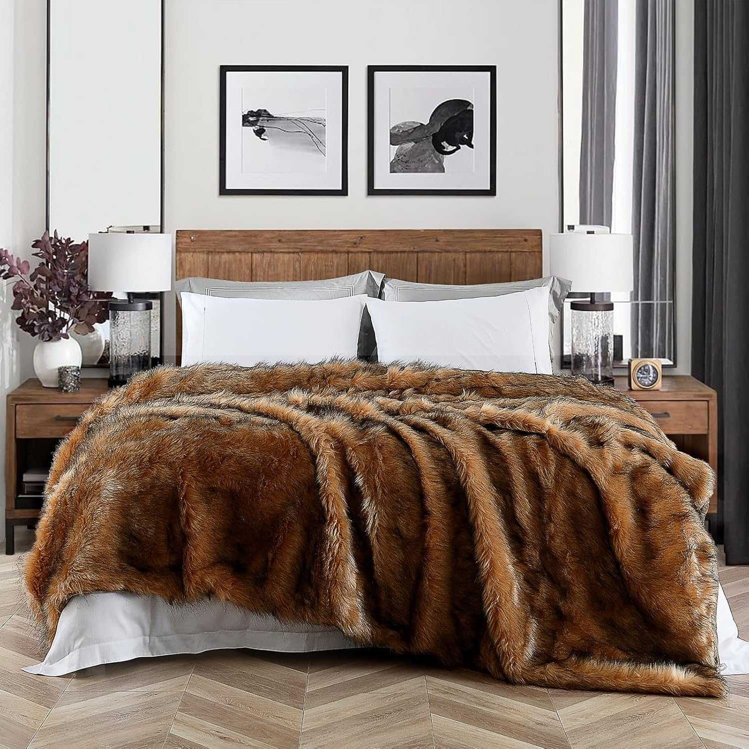 Luxury Plush Faux Fur Blanket King Size, Long Pile Brown with Black Tipped Throws, Oversized Super Warm, Fuzzy, Elegant, Fluffy Decoration Throw Blanket for Sofa, Armchair, Couch and Bed, 104"x90" - Image 2