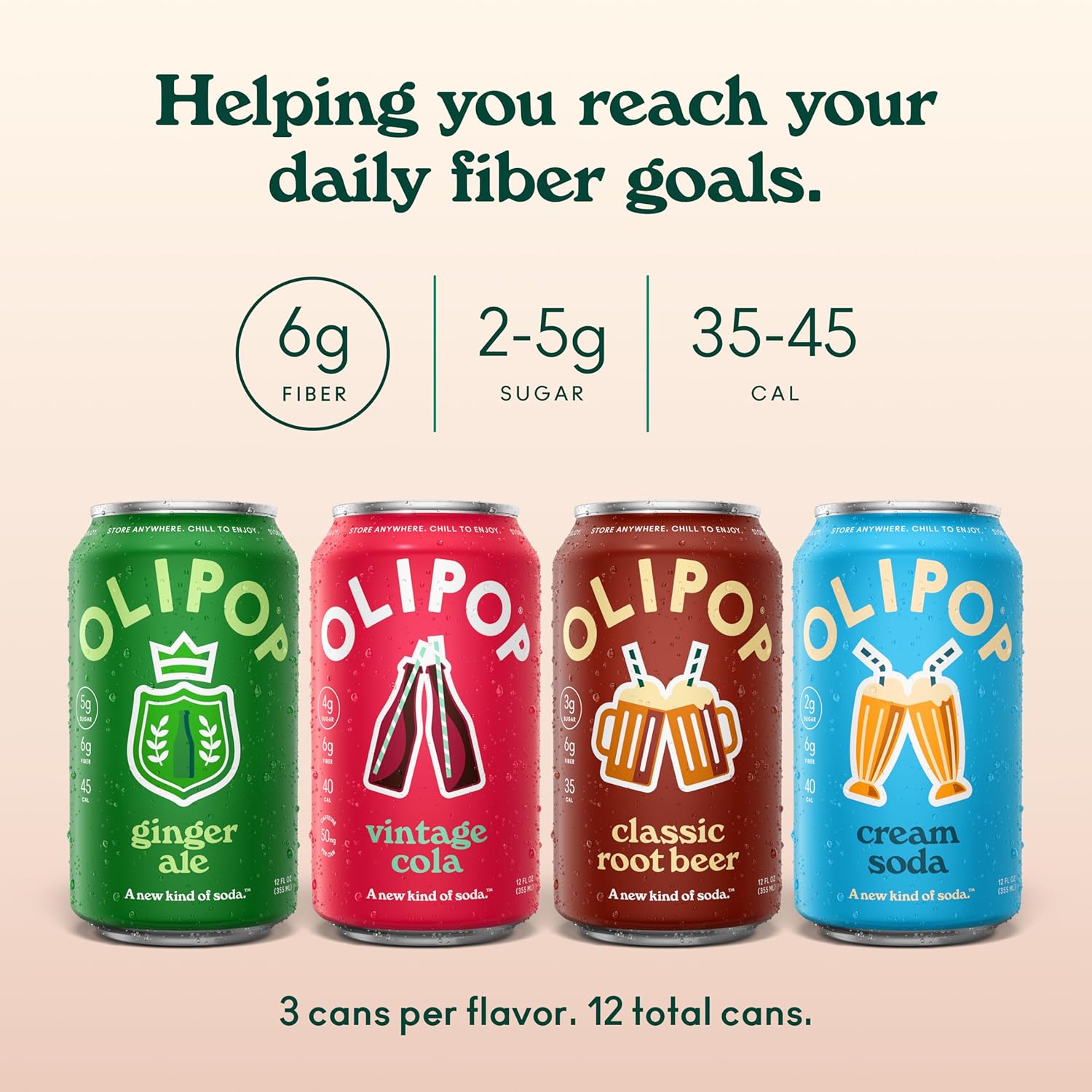 OLIPOP Prebiotic Soda Pop, Classic Soda Variety, Pantry Pack Packed with Prebiotics, Fiber, and Botanicals, Gluten Free, GMO Free, 12oz (12-Cans) (Packaging May Vary) - Image 4