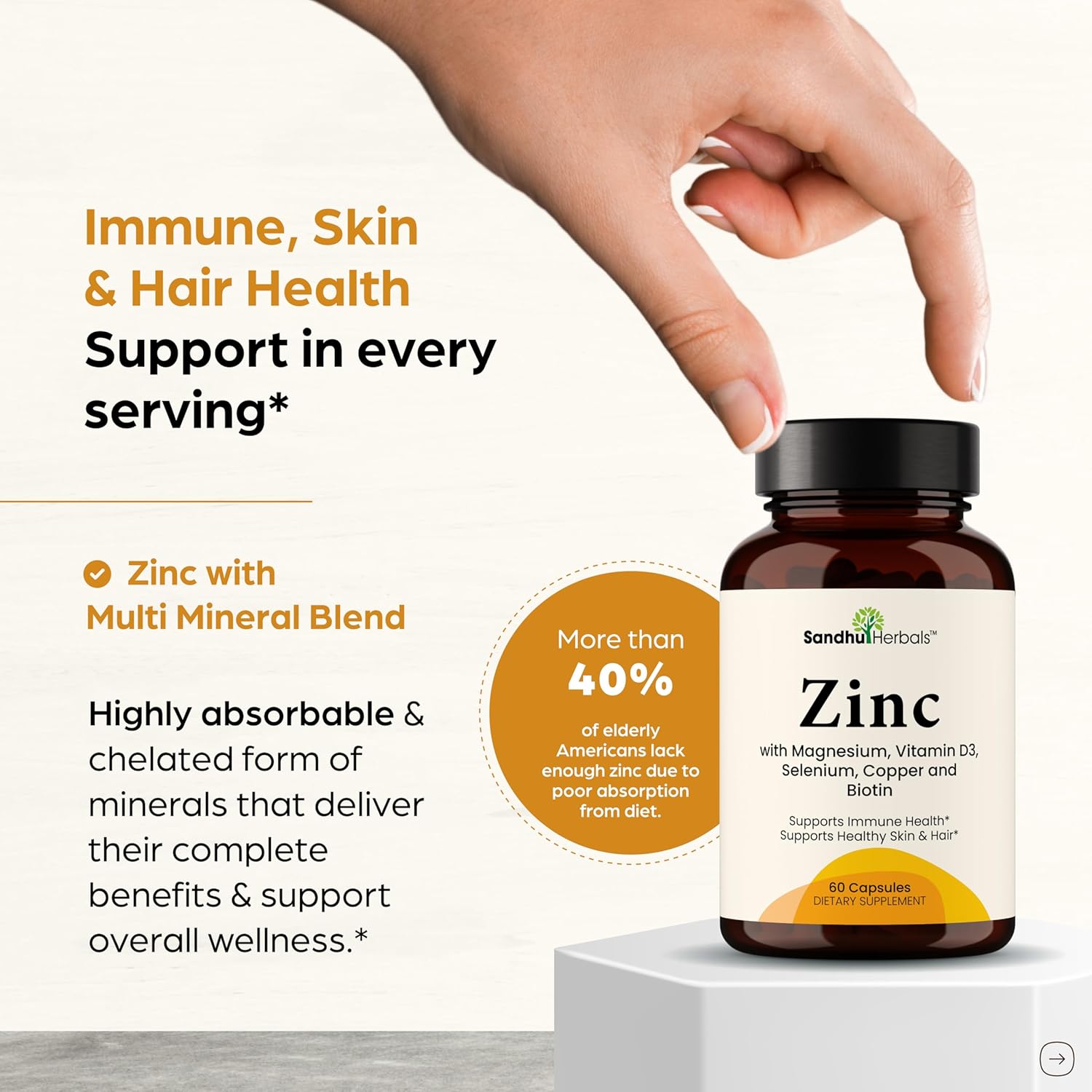 Zinc 30mg with Copper, Selenium & Vitamin D3 | 60 Capsules | Magnesium, Vitamin B6, Biotin Complex | Absorbable Chelated Zink Supplements for Men & Women | for Hair, Skin, Nails & Immune Support - Image 5