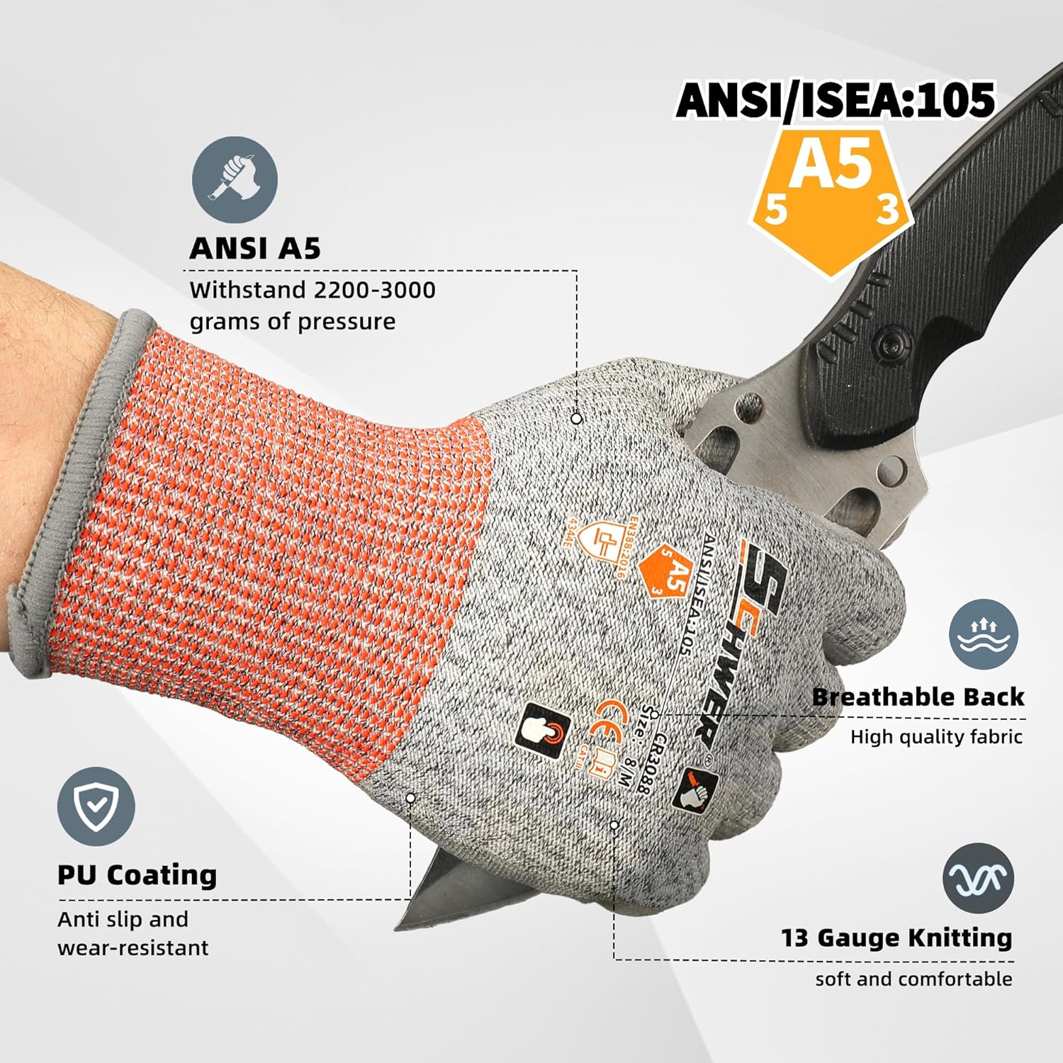 Schwer 12 Pairs ANSI A5 Cut Resistant Work Gloves, Cut Proof Gloves with PU Coating, Used for Metal Fabrication, WoodWorking, Construction, Non Slip, Durable, Non PFAS, S, CR3088 - Image 2