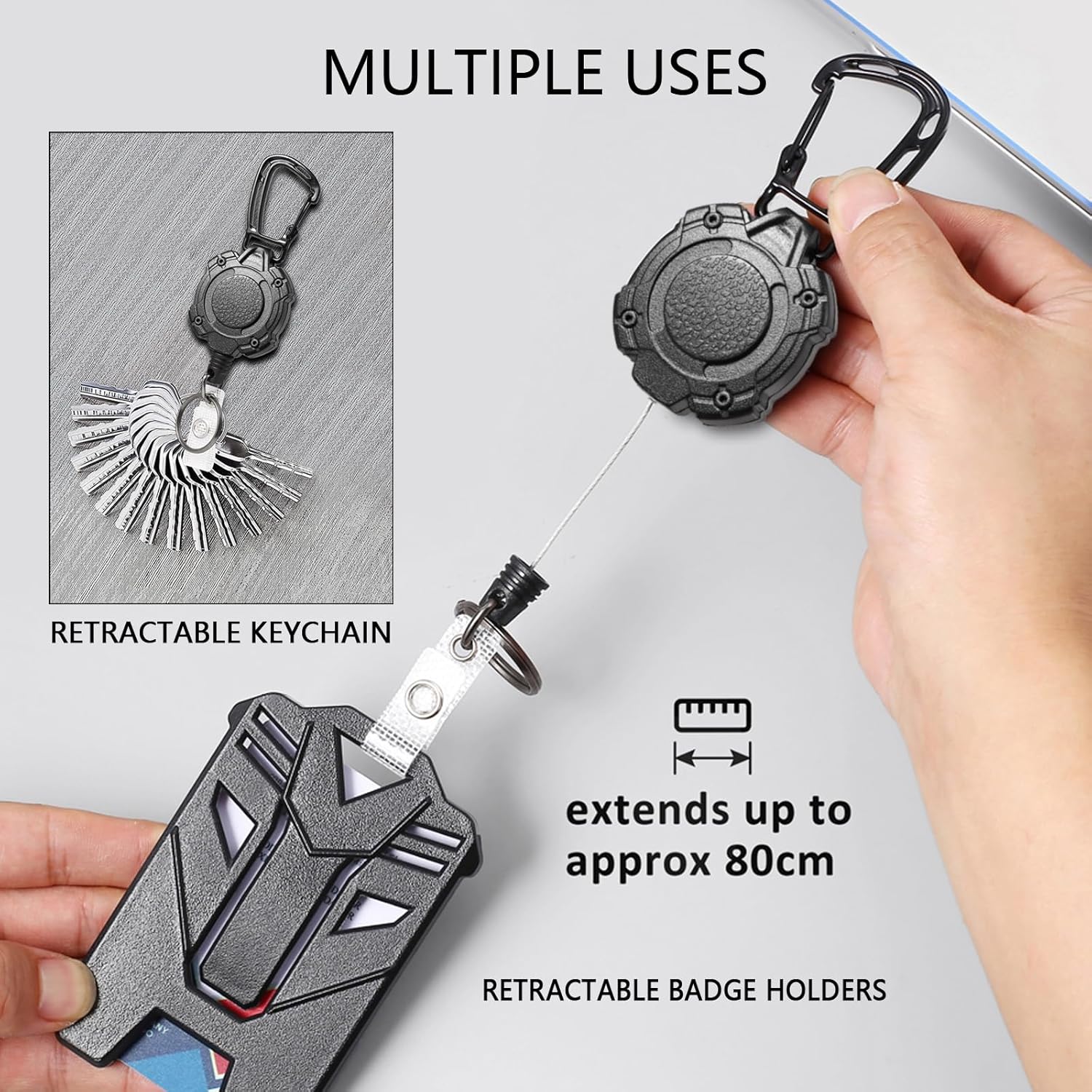 Badge Holder Retractable Clip Heavy Duty Carabiner Badge Reel Keychain with Id Cards Holder Cool Tactical ID Holder (2 Holders and 2 Badge Reels Black # 04) - Image 4