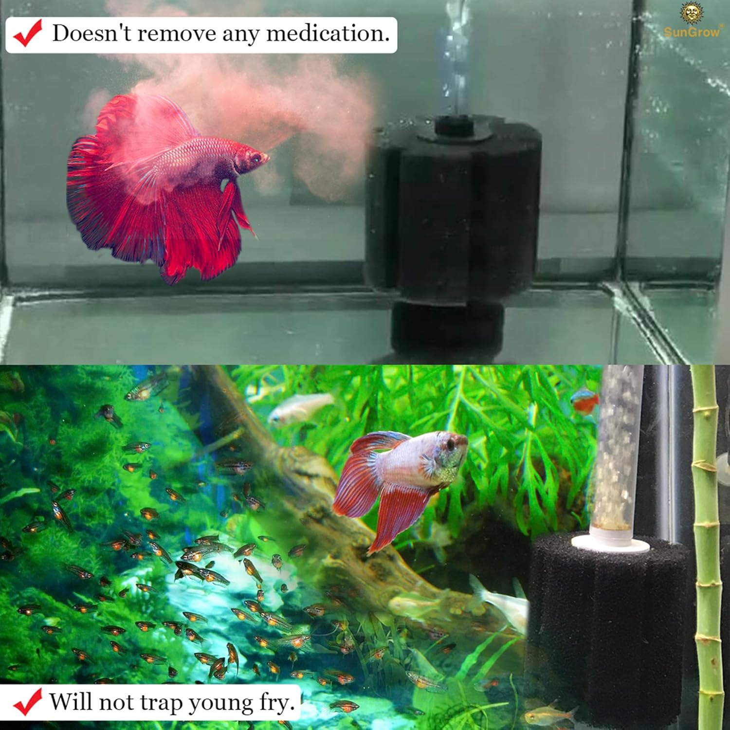 SunGrow 10-Gallon Betta Sponge Filter, Underwater Center Aquarium Filter, Attach it to Air Pump (Not Included) to Run, Works for Tropical Fish & Breeder Aquarium, Perfect for Fry & Small Fish - Image 4