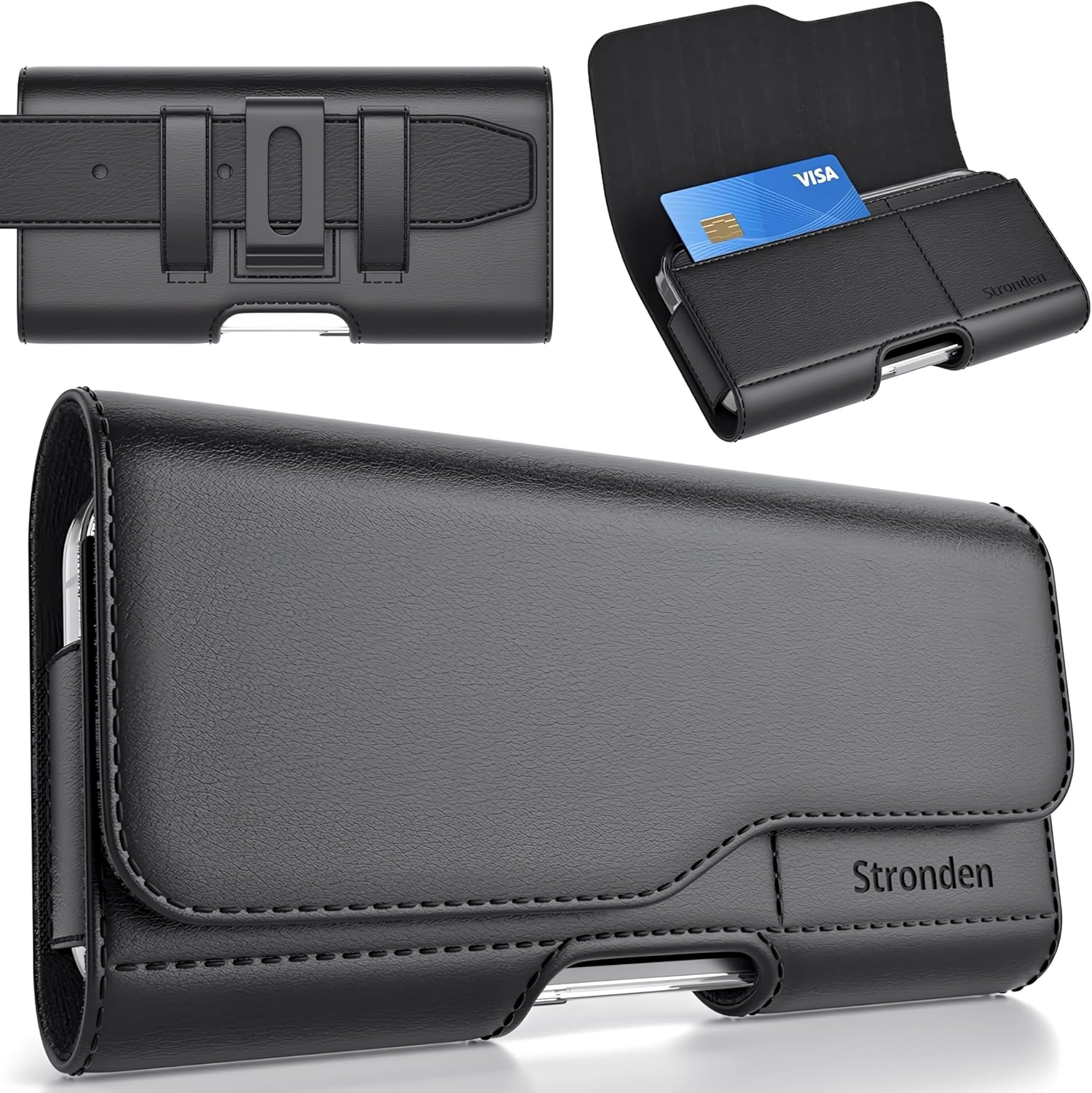 Stronden Magnetic Closure Holster for iPhone 17 Pro Max, 16 Pro Max - Leather Belt Case Pouch with Built in Card Holder (Fits Slim/Regular Case on)