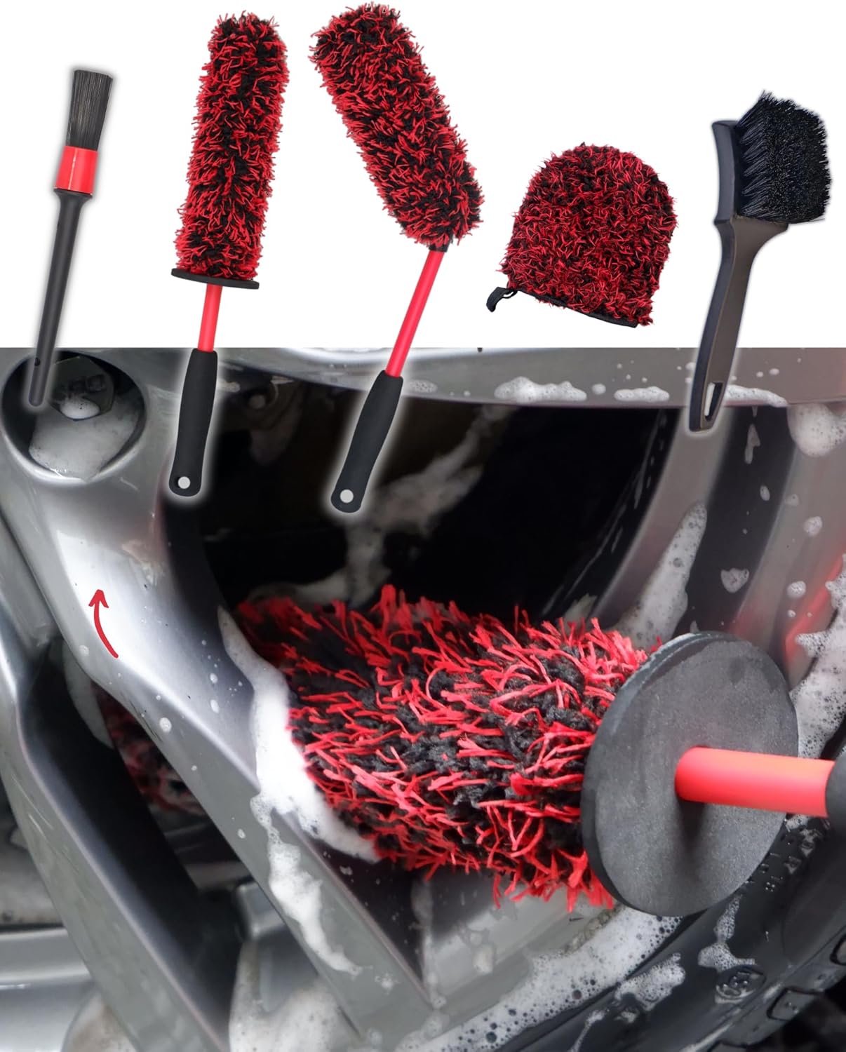 oesee Metal Free Microfiber Wheel Brush Kit- Microfiber Angled Wheel Brush, Long Handle Wheel Brush, Tire& Detailing Brush, Wheel Wash Mitt. Hands-On Wheel Detailing Kit for Daily Wheel Cleaning