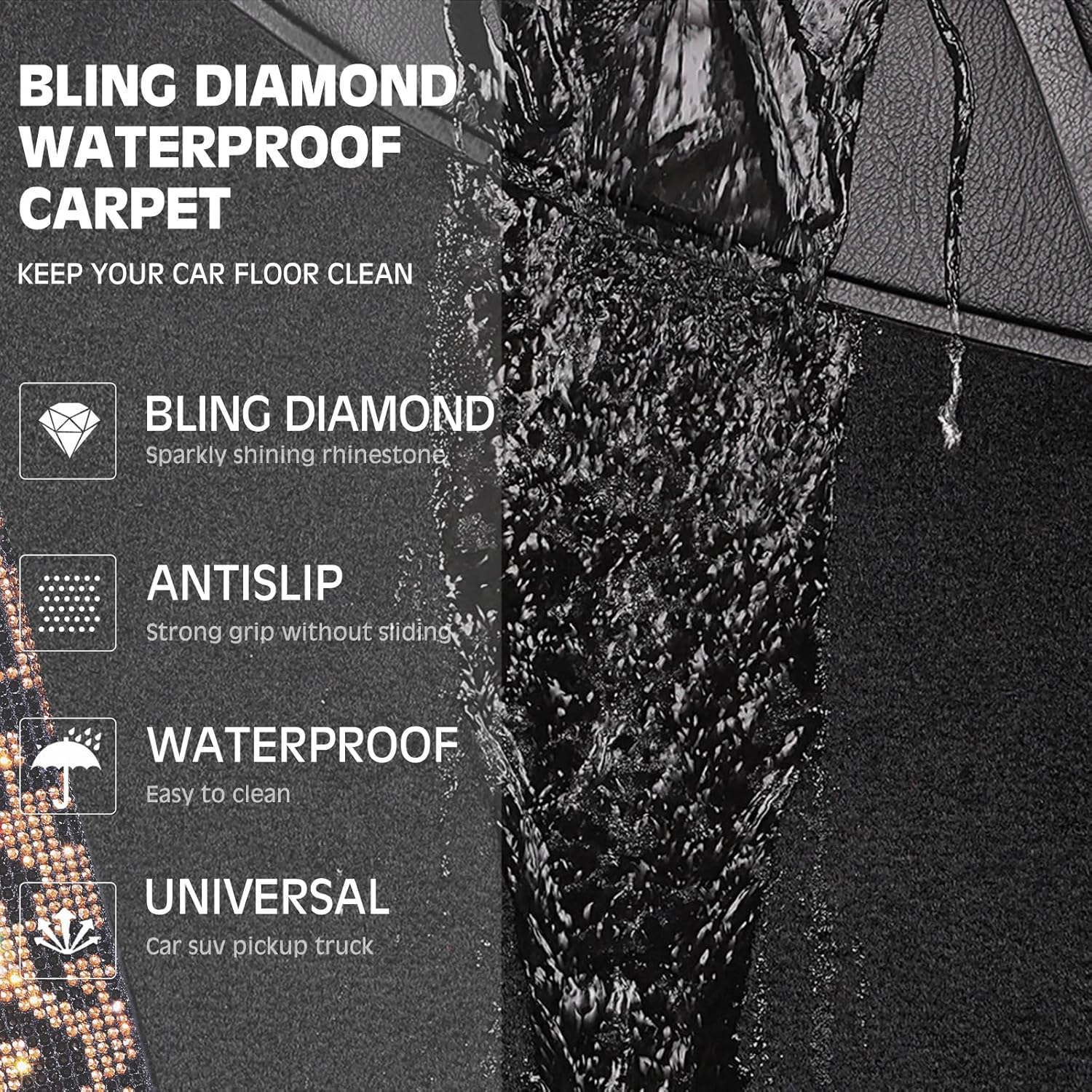 CAR PASS Bling Diamond Car Floor Mats, Shining Rhinestone Carpet Sparkly Glitter Crystal with Anti-Slip PVC Heel Pad Waterproof Universal Fit Automotive SUV,Sedan,Van,Cute Girl Women,4pcs Gold Leopard - Image 7