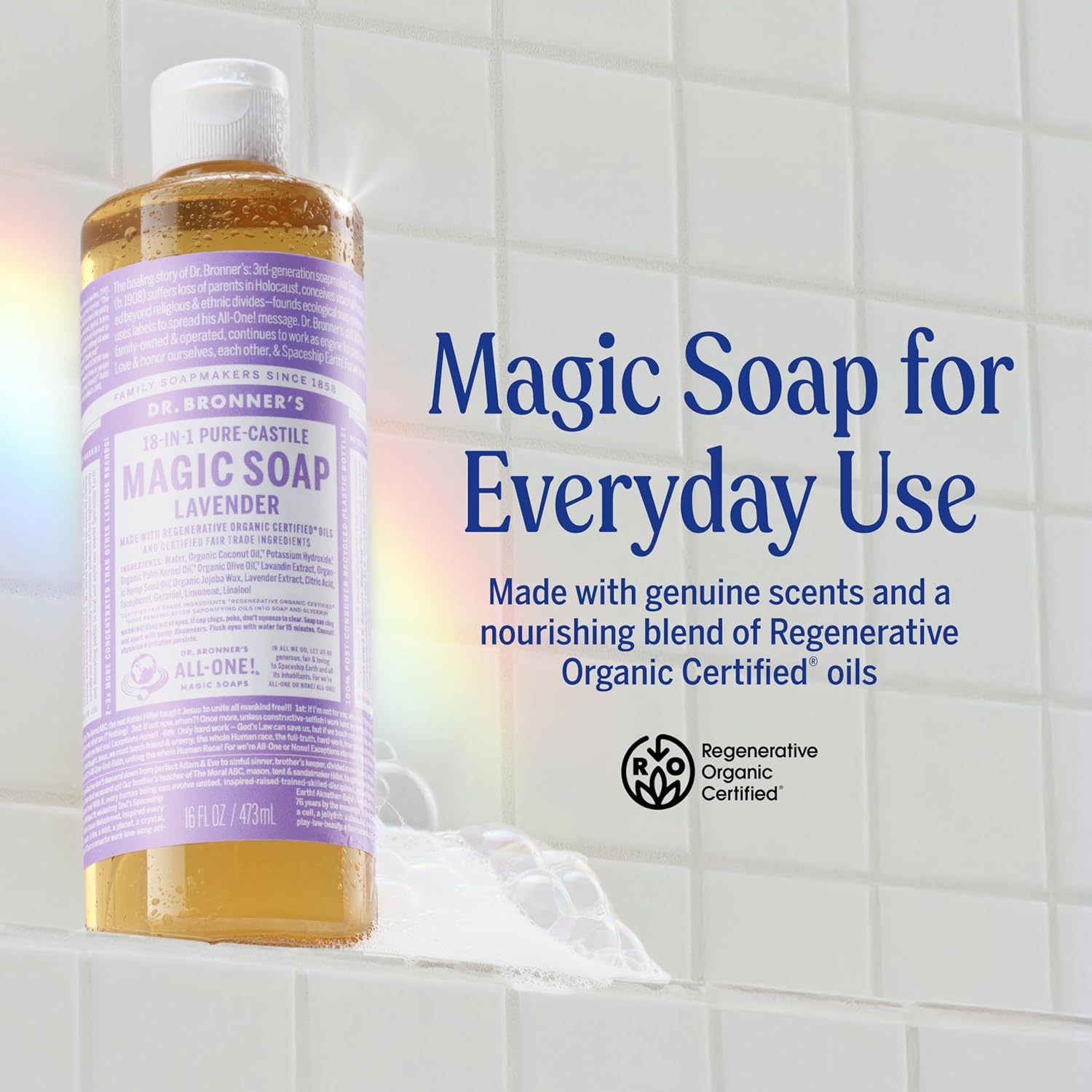 Dr. Bronner's Pure-Castile Magic Liquid Soap (Lavender, 16 Ounce, 2-Pack)- Made with Regenerative Organic Certified Oils, 18-in1 Uses: Face, Hair, Hand & Body Soap, Laundry, Pets- Concentrated, Vegan - Image 2