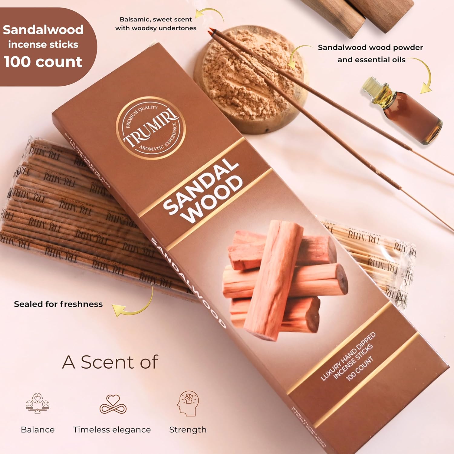 Sandalwood Incense Sticks - Pack of 100 Insence-Sticks - Made with Natural Incienso De Sandalo - Non Toxic Inscents Indian Spiritual Agarbatti Insense - Image 4