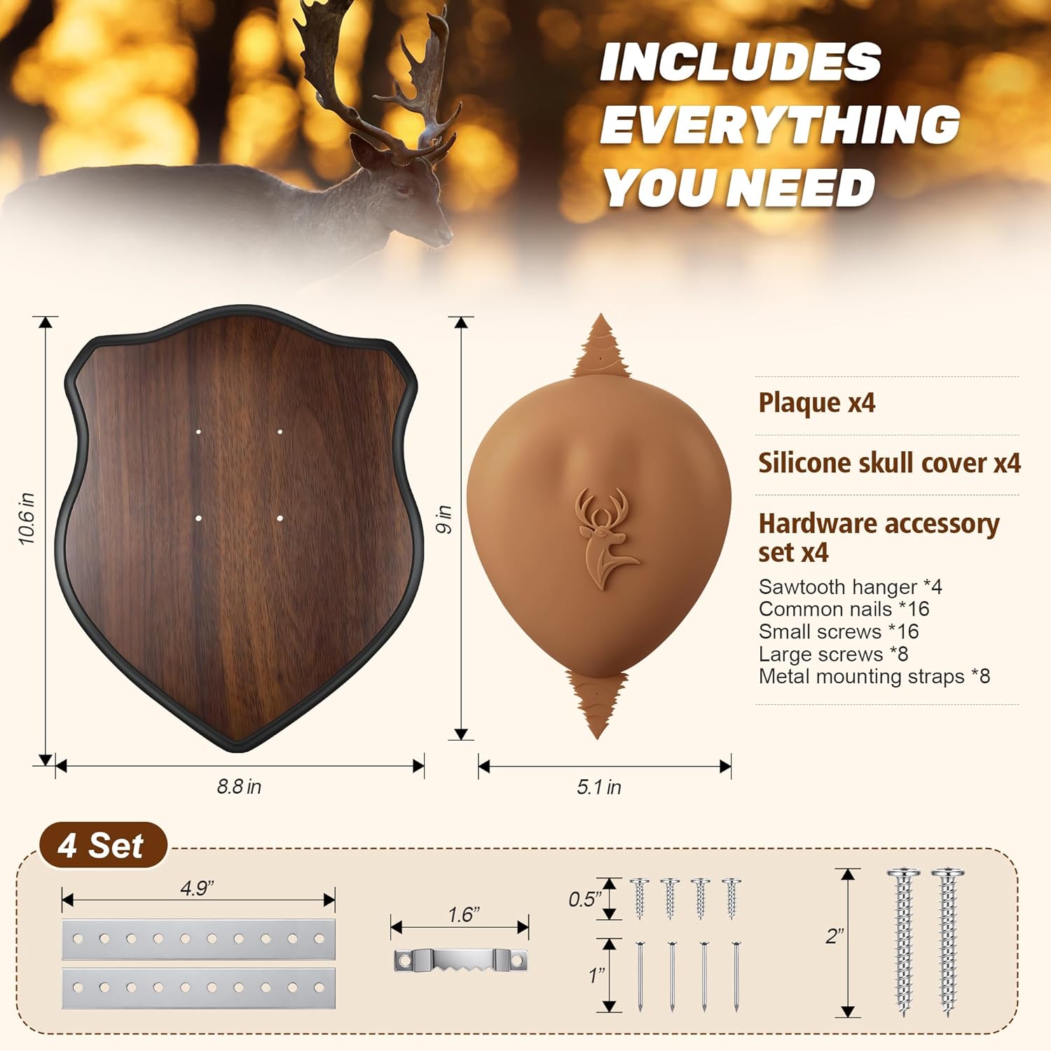 Deer Antler Mounting Kit, Wood Plaque Antler Mounting Kit with Silicone Skull Cover, Hardware Included (Brown Skull Cover,4 Pack) - Image 2