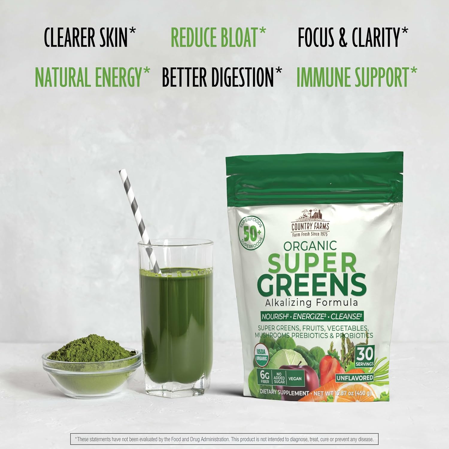 Country Farms Super Greens Natural Flavor, 50 Organic Super Foods, USDA Organic Drink Mix (Wheat Grass, Spirulina, Chlorella) Mushrooms & Probiotics, Fiber, Gut Health, Natural Energy, 30 Servings - Image 3