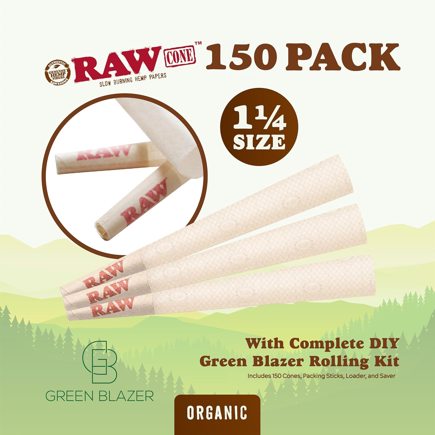 RAW Cones Organic 1-1/4 Size: 150 Pack - Patented Slow Burning Pre Rolled Rolling Papers with Tips, Organic Raw Paper, 84mm - Image 2