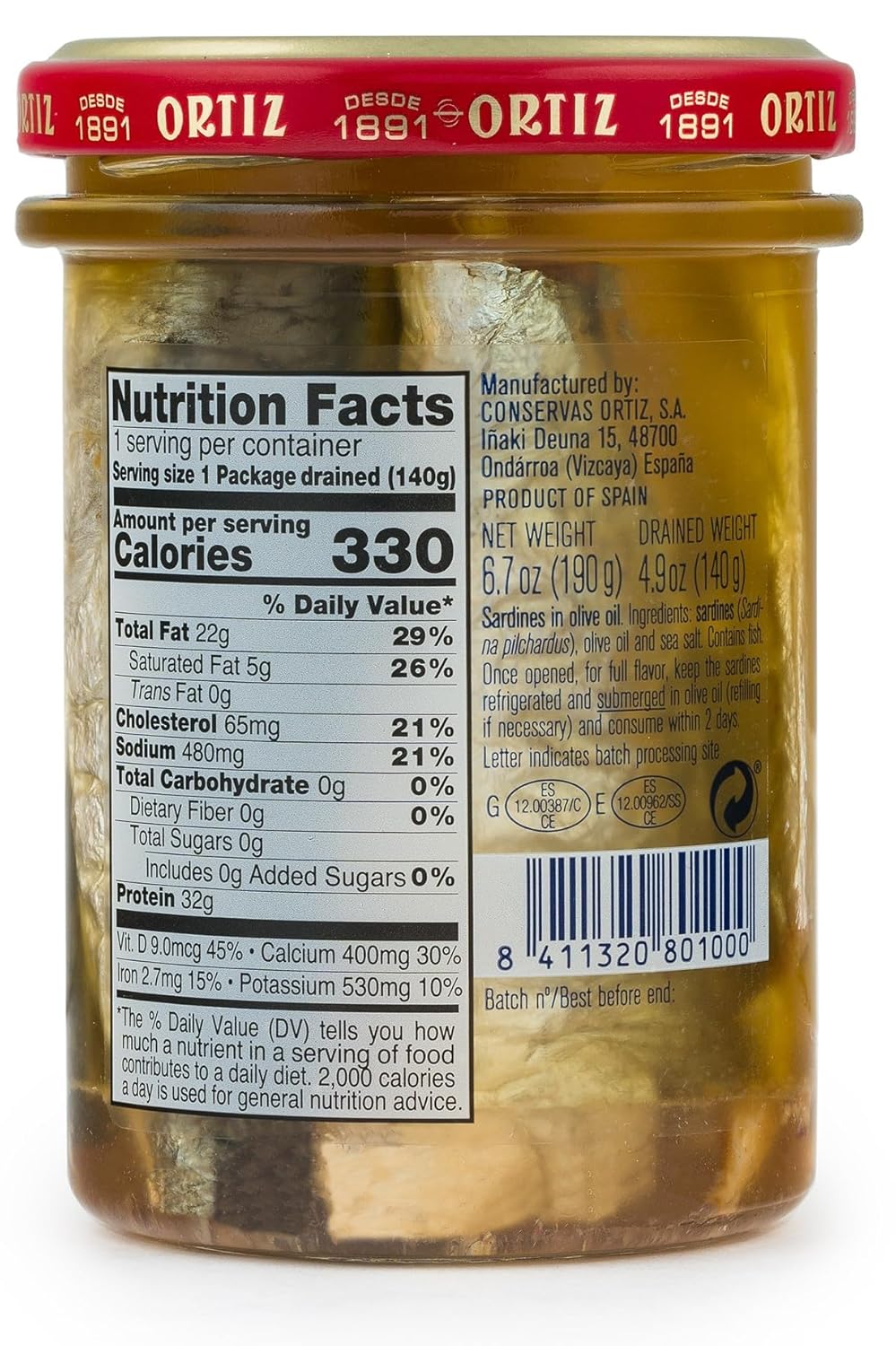Ortiz Sardines A la Antiqua 'Old Style', Moist and Tender, Wild Caught in Spain and Hand-Packed in Premium Extra Virgin Olive Oil, Enjoy in Salads, Sandwiches and on Toast, 6.7oz Jar (Pack of 1) - Image 2