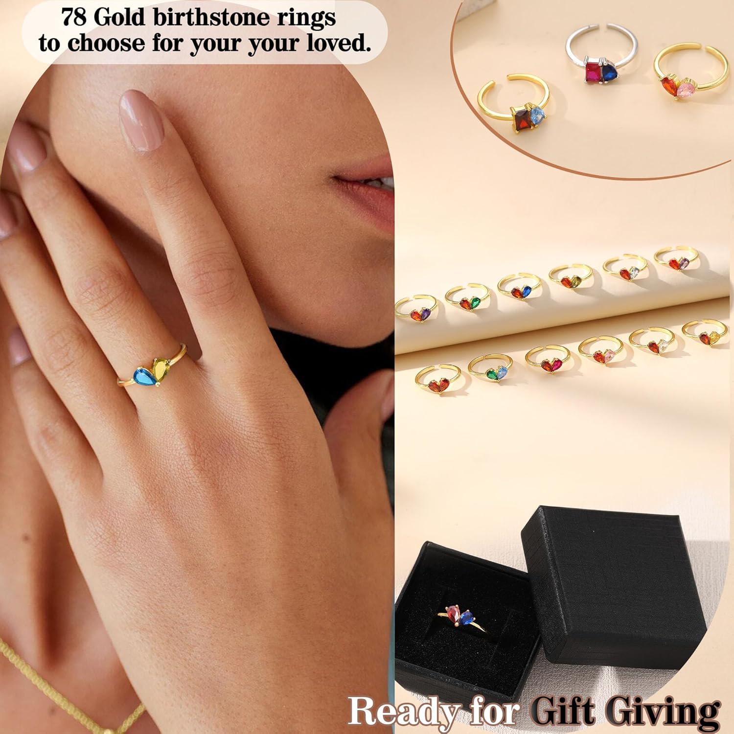 Birthstone Rings for Women, Non Tarnish Gold Rings 2026 Graduation Gifts Birthday Gift Trendy Teen Girl Stuff Dainty 14K Plated Adjustable CZ Stacking Promise Ring Anniversary Jewelry for Friend Sister Girlfriend Daughter - Image 7