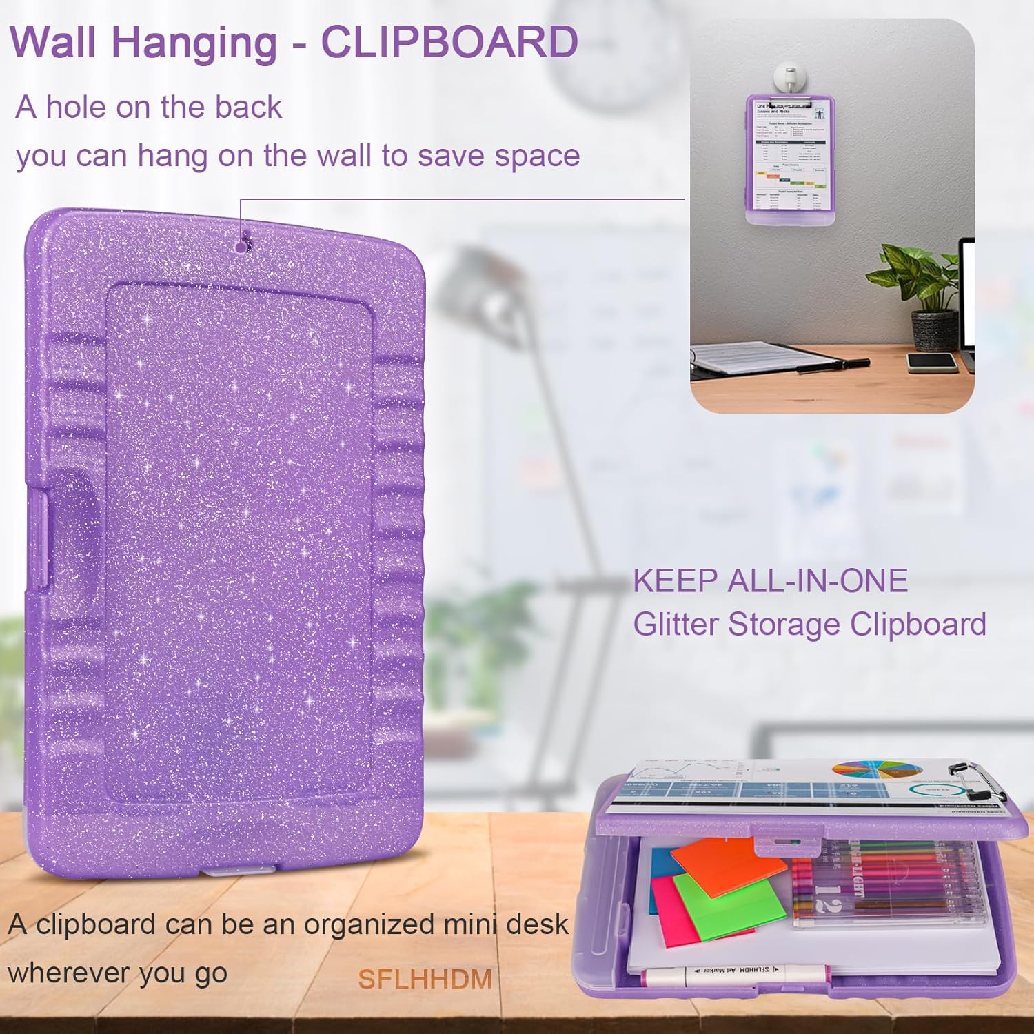 Glitter Clipboard with Storage,Storage Clipboard with Pen Holder,A4 Binder Clip Boards 8.5x11 with Low Profile Clip,Side Opening Sparkle Clipboards, Clipboards Folder for Office Supplies-Pale Purple - Image 6