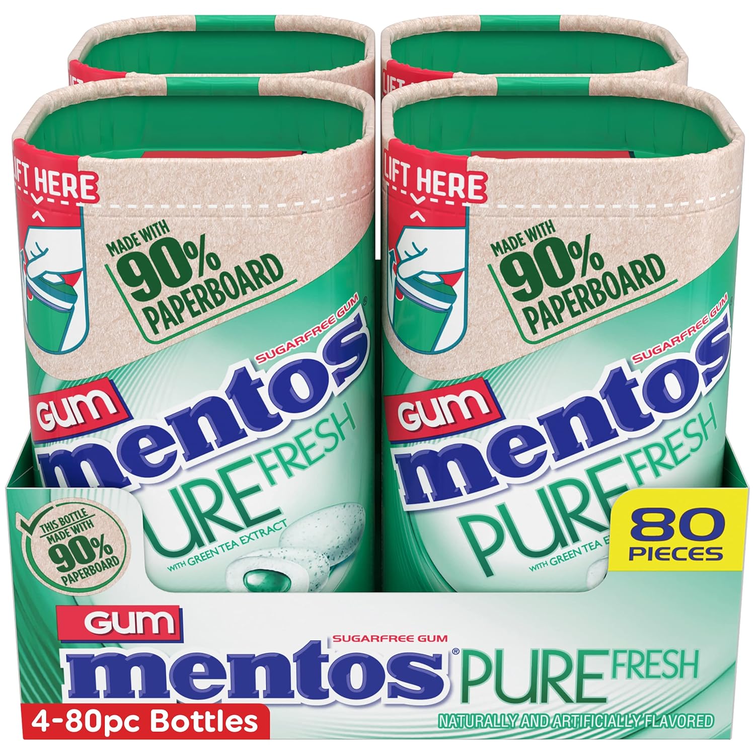 Mentos Pure Fresh Sugar-Free Chewing Gum with Xylitol, Spearmint, in a recyclable 90% Paperboard Bottle, 80 Piece, Pack of 4 Bottles - Image 4