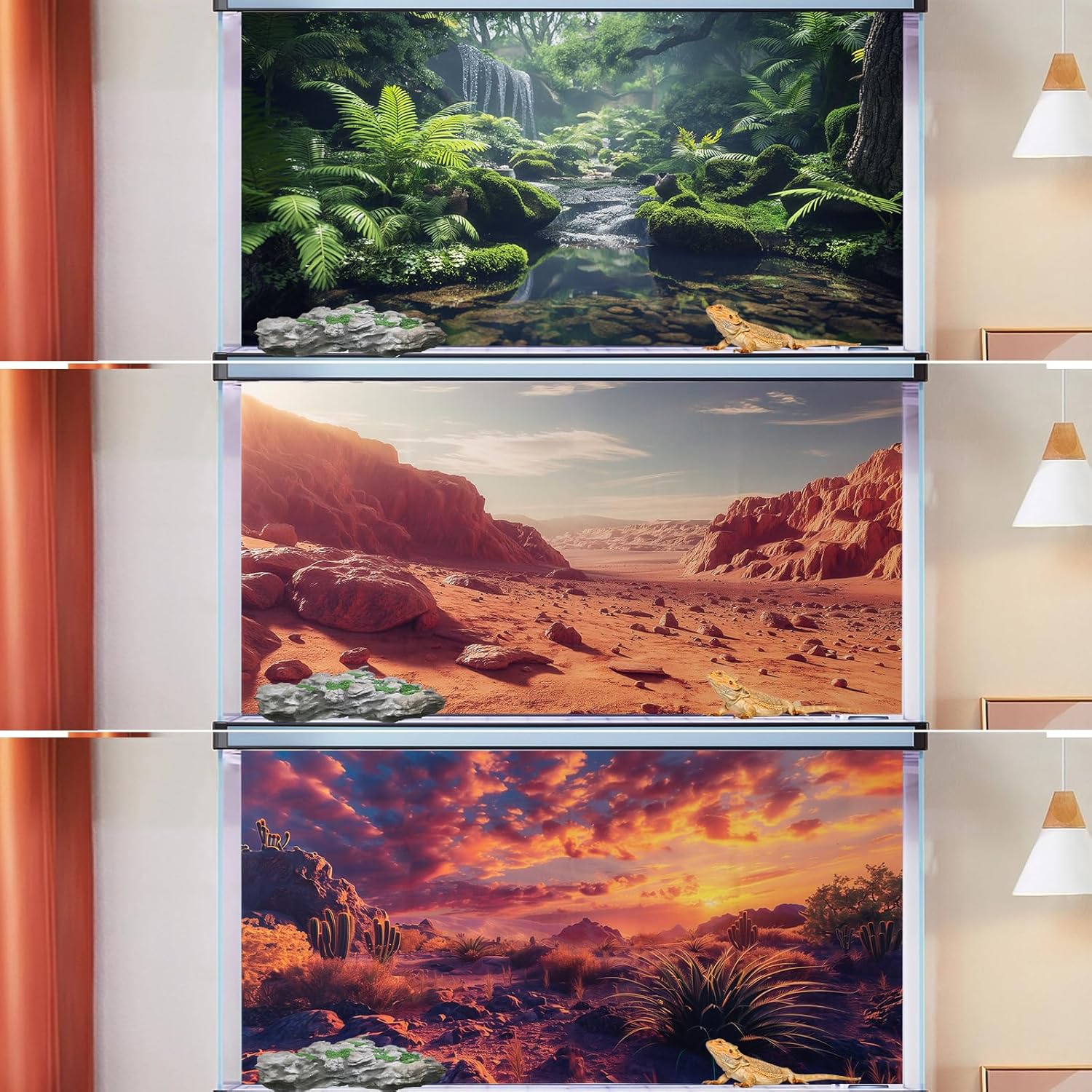 COMSUN 3 Pack Terrarium Background, 48x18 inches Polyester Reptile Background, Cloth Terrarium Backgrounds, Gobi Sunshine Cactus Stone & Green Tree Fern Stream Backgrounds - Image 7