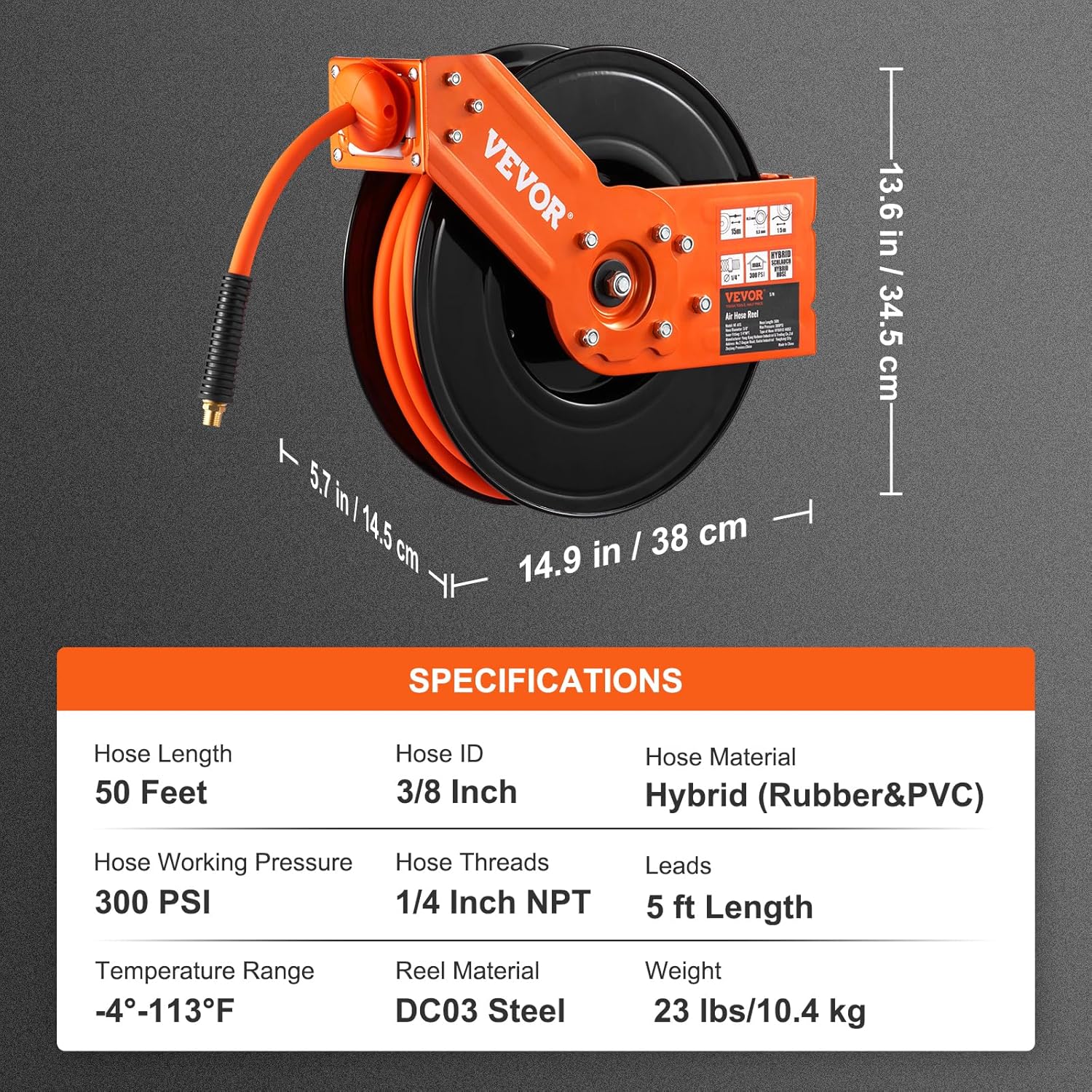 VEVOR Retractable Air Hose Reel, 3/8 IN x 50 FT Hybrid Air Hose Max 300PSI, Air Compressor Hose Reel with 5 ft Lead in, Ceiling/Wall Mount Heavy Duty Single Arm Steel Reel - Image 7