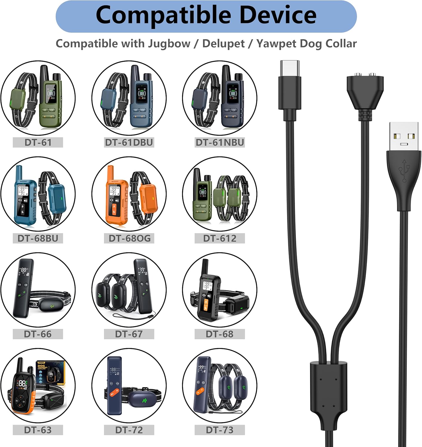 Vanjua Charger for Delupet/Yawpet/Jugbow Dog Training Collar and Remote, 2-in-1 USB C and Magnetic Bark Collar Charging Cable (Black) - Image 2