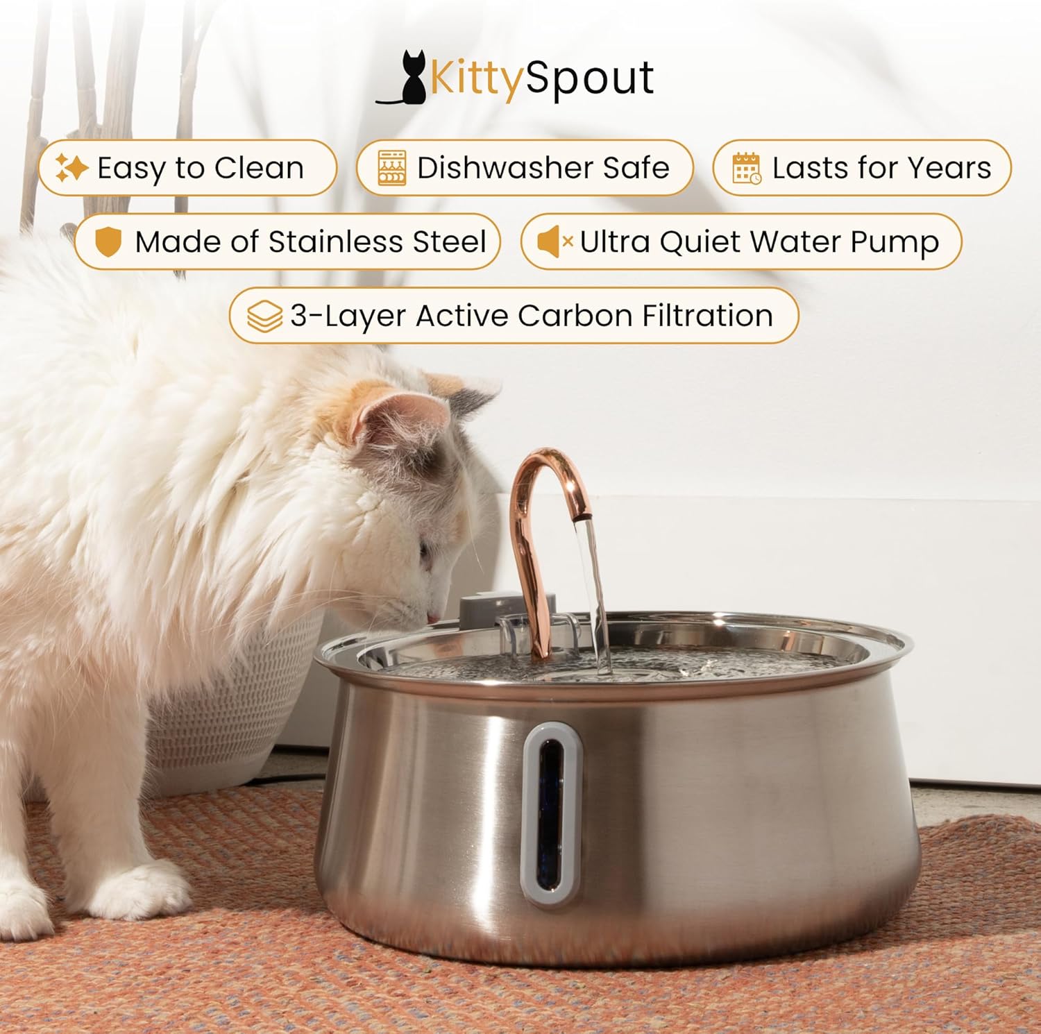 KittySpout Stainless Steel Cat Water Fountain Automatic Drinking Fountain, Quiet Circulating Water Bowl, Dishwasher Safe, Indoor Pet Fountain for Hydrated Healthy Cats (Stainless Steel, 4L Corded) - Image 4