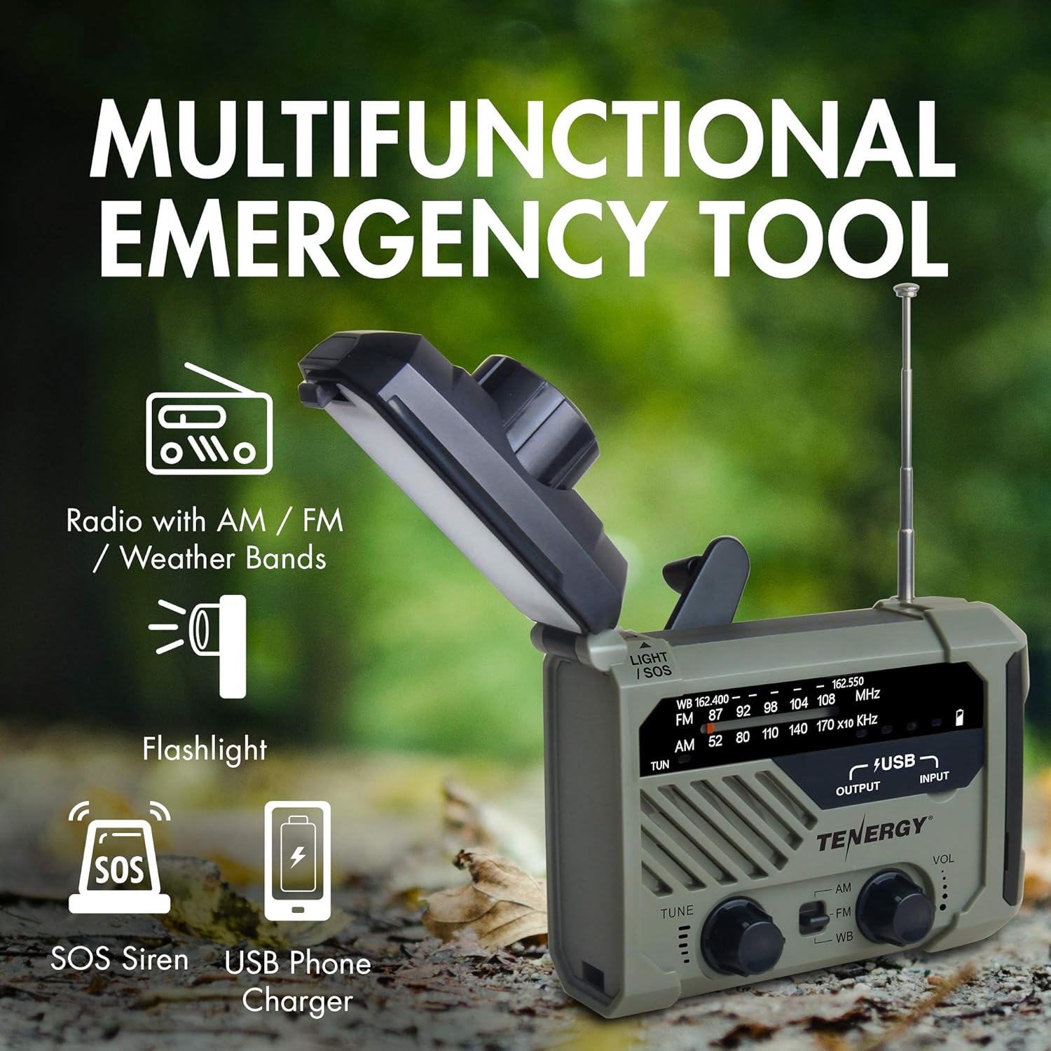 Tenergy Multifunctional Hand Crank Weather Radio with LED Flashlights, SOS Alarm, Cell Phone Charger, AM/FM/NOAA Radio Frequencies, Ideal for Emergencies - Image 2