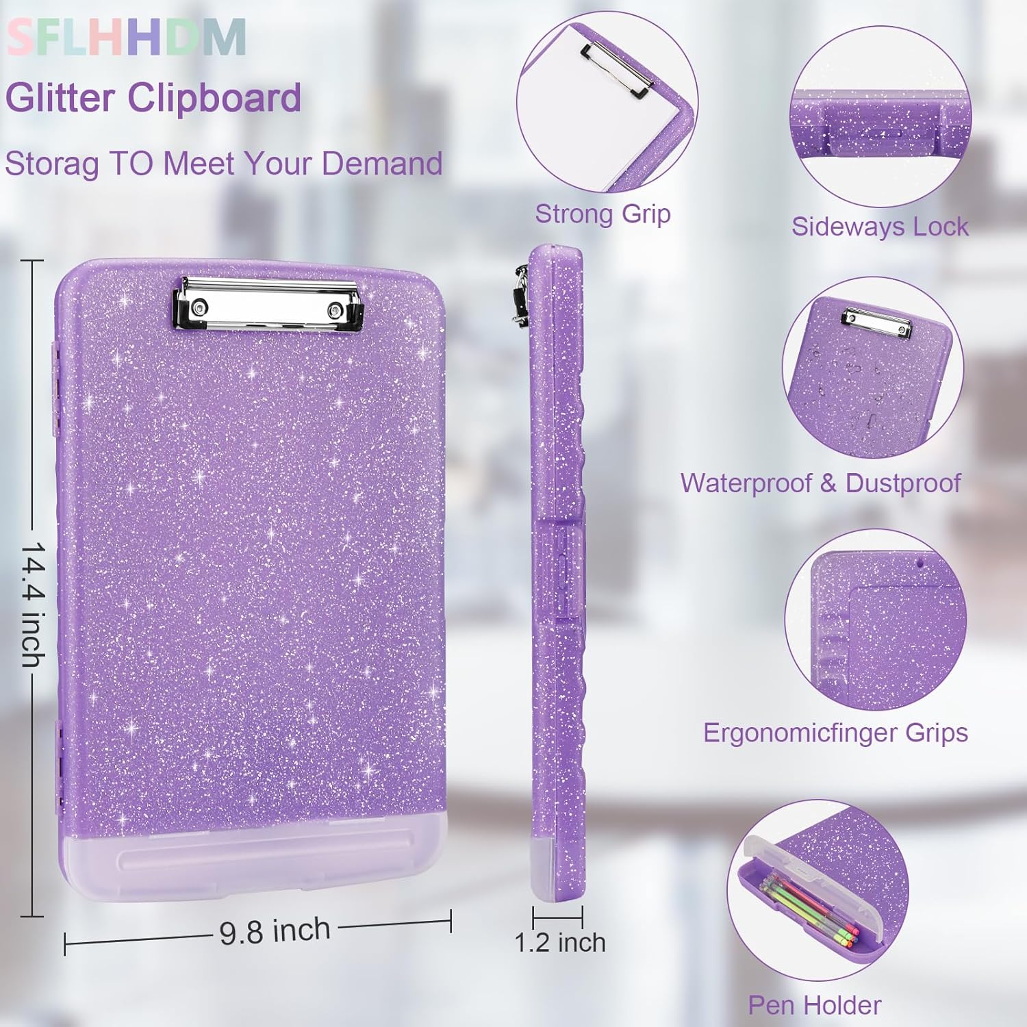 Glitter Clipboard with Storage,Storage Clipboard with Pen Holder,A4 Binder Clip Boards 8.5x11 with Low Profile Clip,Side Opening Sparkle Clipboards, Clipboards Folder for Office Supplies-Pale Purple - Image 2
