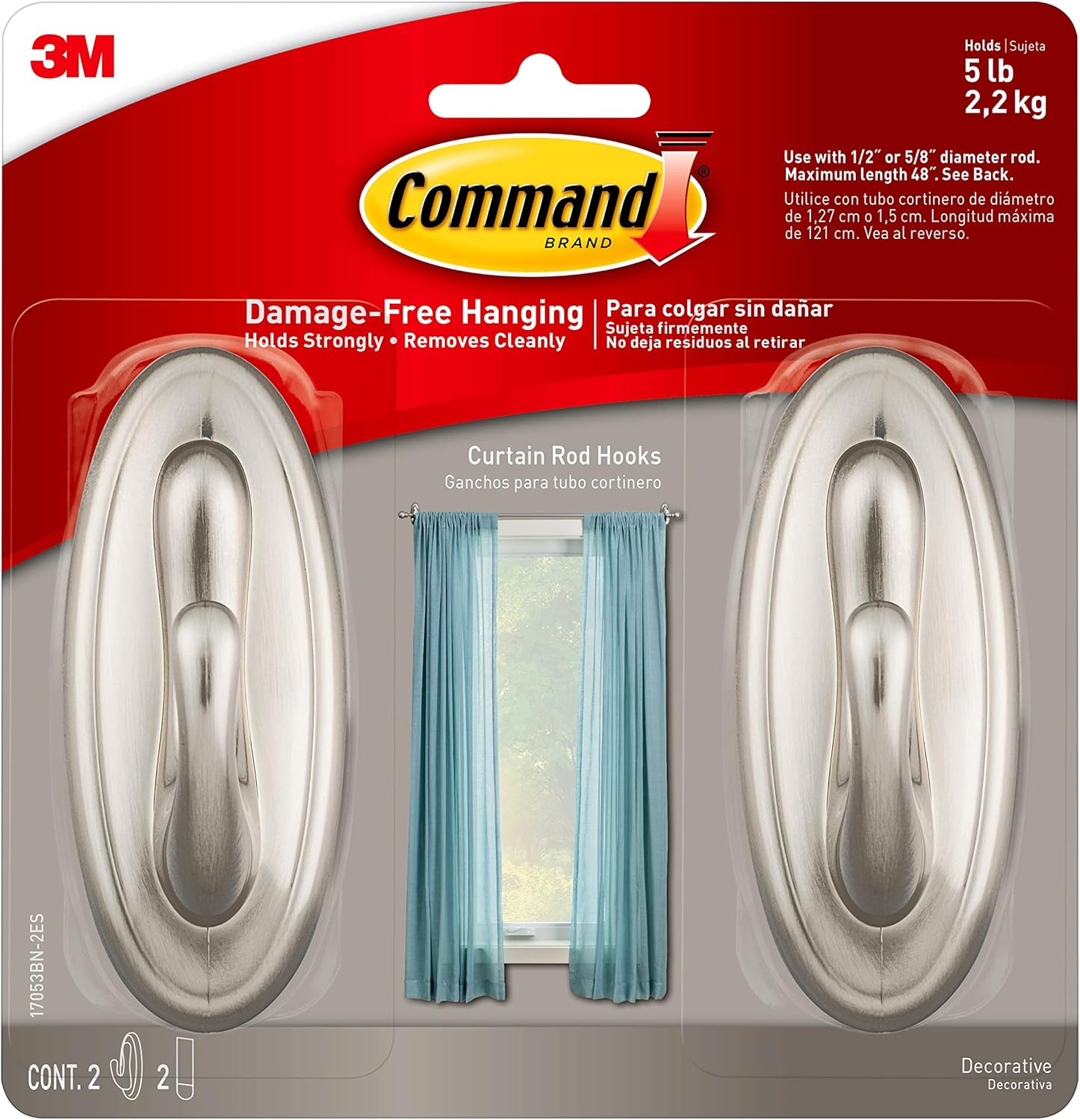 Command Curtain Rod Hooks, Large, Brushed Nickel, 2-Hooks, 2-Strips, 2-Pack, Decorate Damage-Free