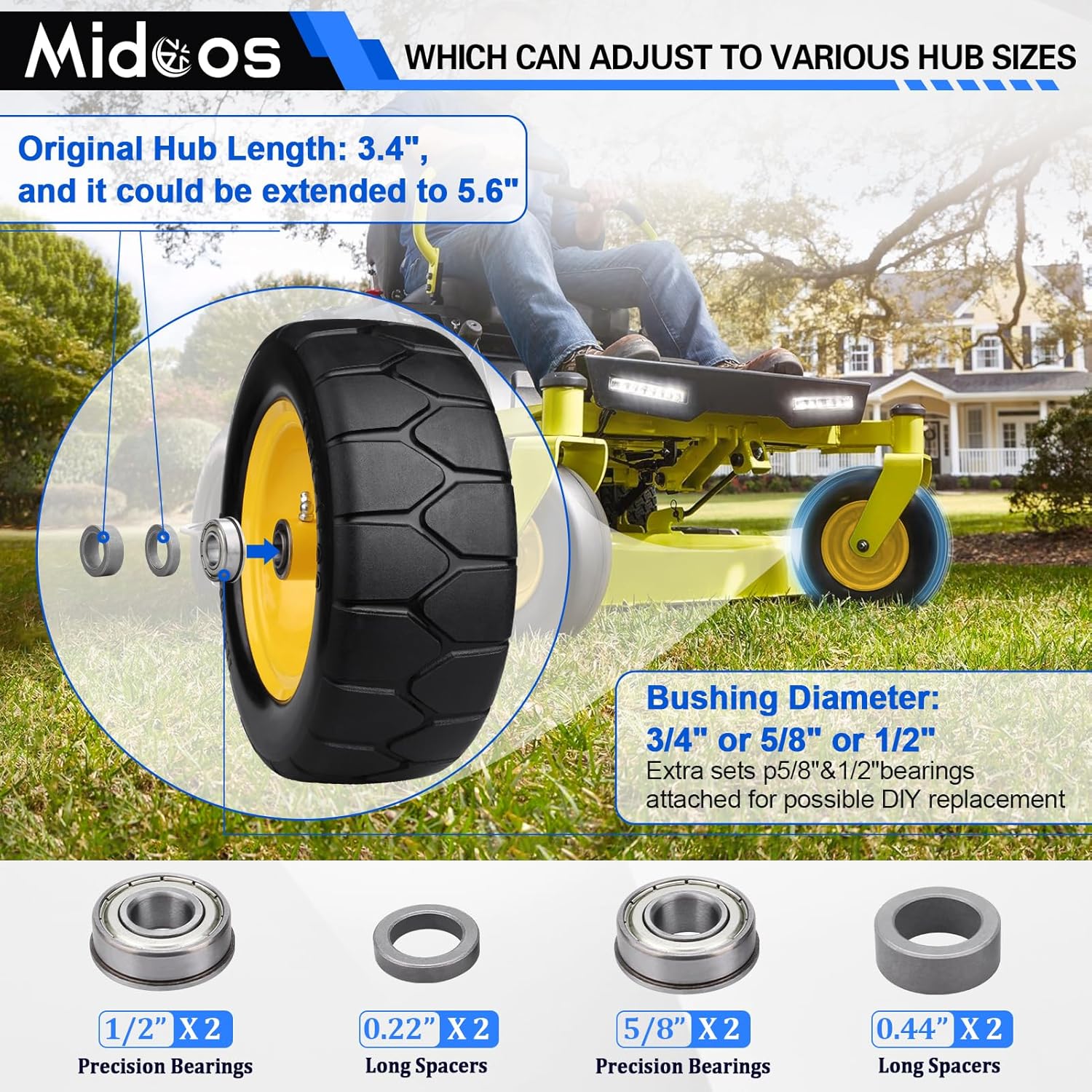 11x4.00-5'' Lawn Mower Tires Flat Free, 11x4-5 Solid Tires and Wheel, Zero Turn Mower Front Tires with 3/4" or 5/8" & 1/2" Precision bearings, 3.4"-5.6" Centered Hub for Zero-Turn Lawn Mower (2 Pack) - Image 6