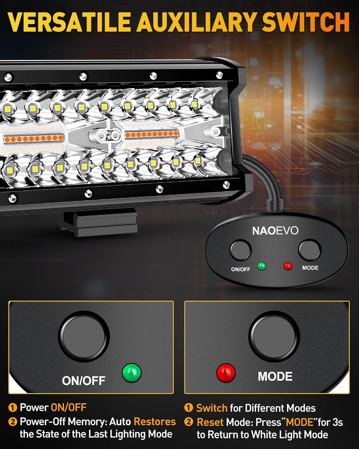 NAOEVO 7 Inch LED Light Bar, White Amber Offroad Fog/Driving Lights LED Pods with Strobe/Memory Function, 2 Leads Wiring Harness Included, Work for Truck Boat ATV UTV, 2-Pack (6 Modes) - Image 3