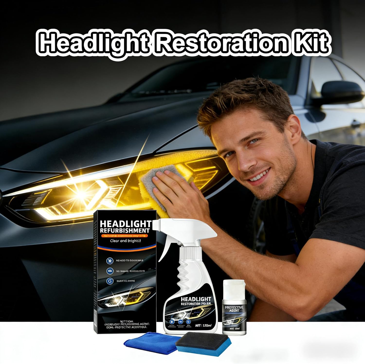 10X Brighter Headlight Restoration Kit - Pro Grade Headlight Cleaner & Sealant, Fixes Yellowed Cloudy Lenses to Crystal Clear in 5 Mins, Car Accessories Car Cleaning Supplies for Night Driving Safety - Image 2