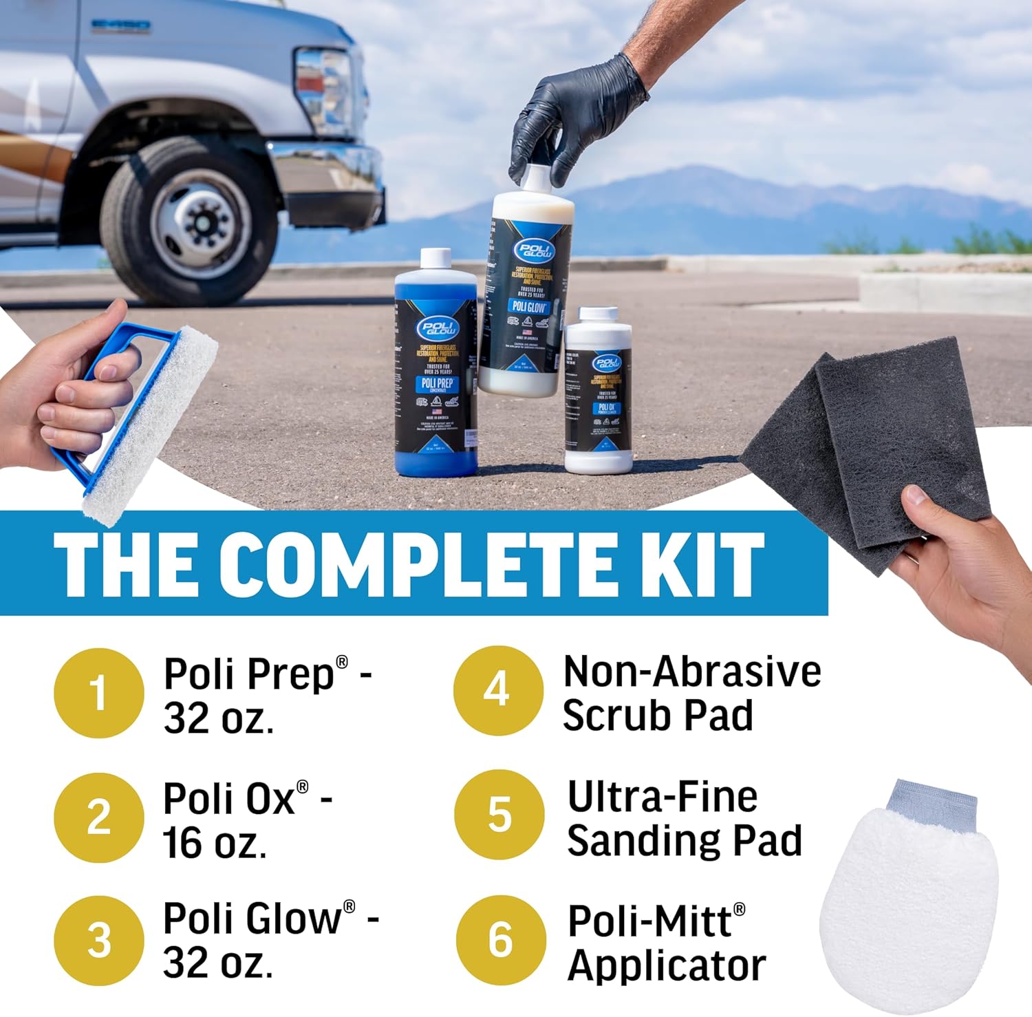 Poli Glow Deluxe Boat & RV Restoration Kit–Removes Oxidation, Seals & Protects–Restores High-Gloss Shine to Fiberglass & Gelcoat–New Liquid or Classic Powder Poli Ox–Easy, Long-Lasting 6-in-1 System - Image 4