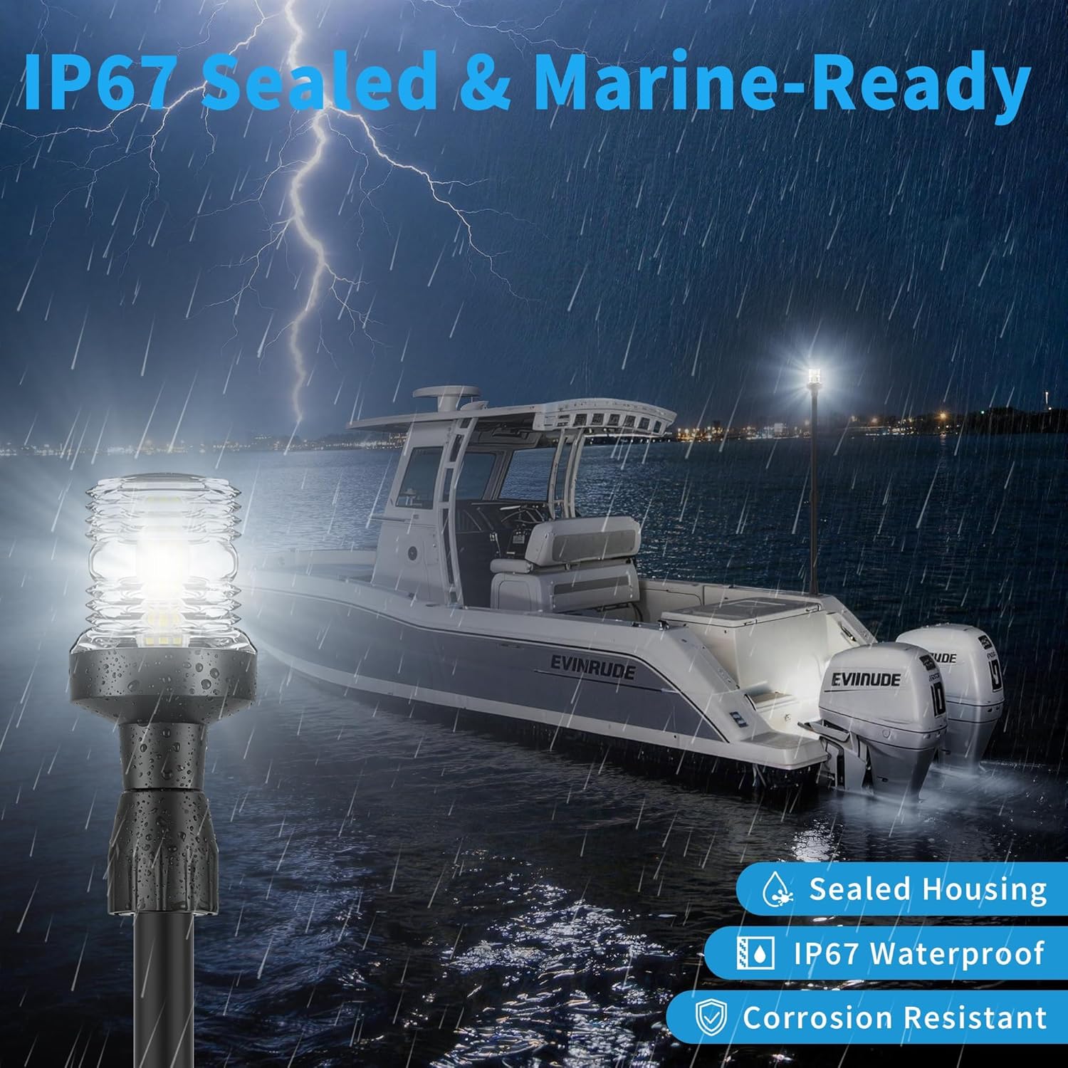 Obcursco Boat Stern Lights, Telescoping Pole 27"-48" LED Anchor Light with Base, 12V Adjustable 3NM 360° Navigation Lighting for Pontoon, Yacht, Bass, and Fishing Boats (27"-48", Black) - Image 3