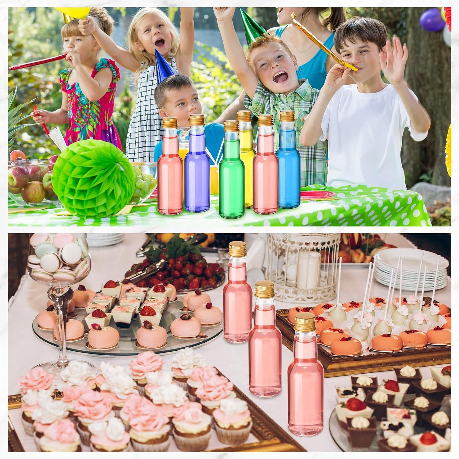 120 Pcs Mini Liquor Bottles Airtight Shot Miniature Empty Plastic Alcohol Spirit Shot Bottles with Funnels for Party Favors, Weddings(3.3 oz,Gold) - Image 5