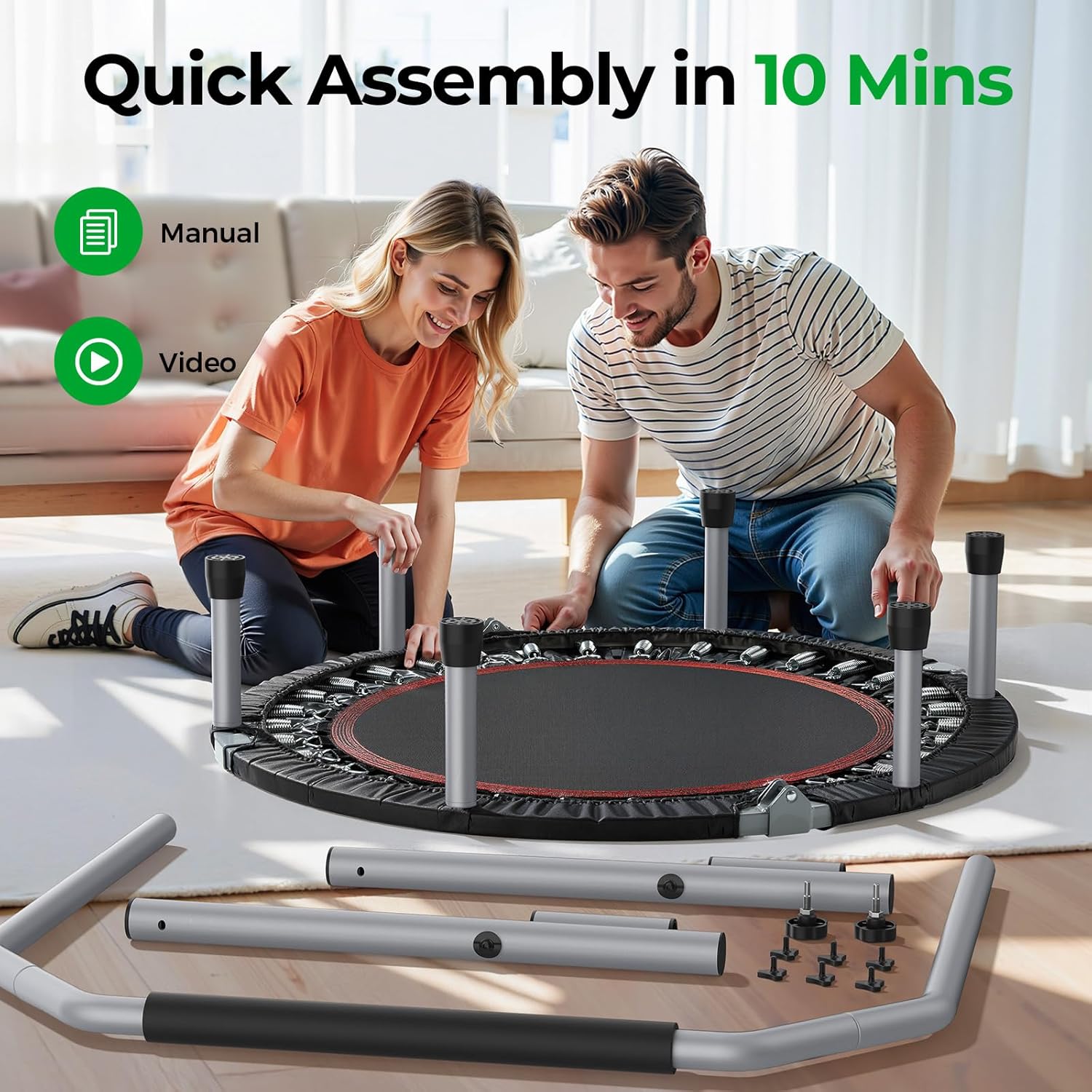 BCAN SP2 40/48" Foldable Mini Trampoline Max Load 330lbs/440lbs, Fitness Rebounder with Adjustable Foam Handle, Exercise Trampoline for Adults Indoor/Garden Workout | FED Fitness - Image 5