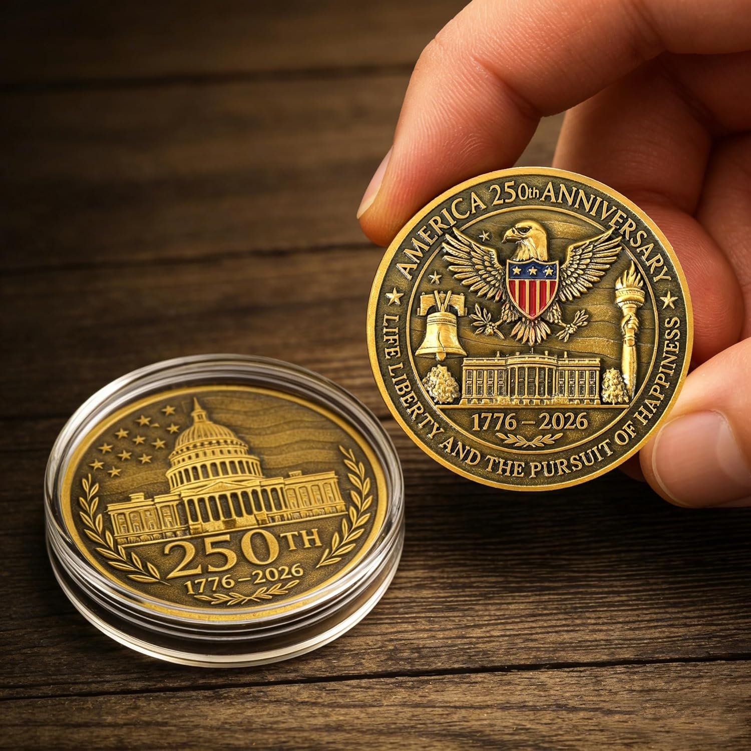 America 250th Independence Anniversary Commemorative Coin, Golden Eagle, Flag & Liberty Bell Challenge Coin USA 1776-2026, Metal Collectible Medal for Celebration & Gift - Image 4