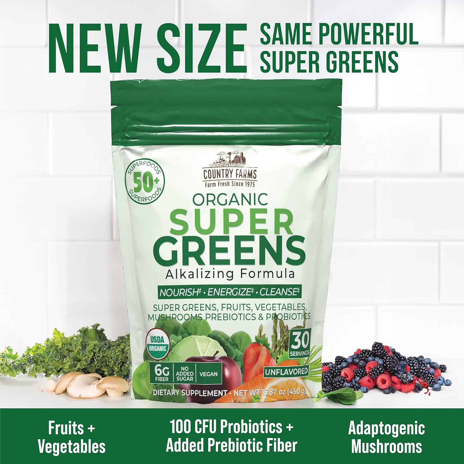 Country Farms Super Greens Natural Flavor, 50 Organic Super Foods, USDA Organic Drink Mix (Wheat Grass, Spirulina, Chlorella) Mushrooms & Probiotics, Fiber, Gut Health, Natural Energy, 30 Servings - Image 5