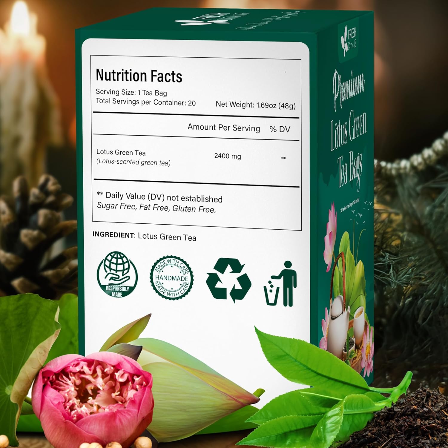 FreshDrinkUS, Premium 20 Tea Bags of Lotus Green Tea, 100% Natural. Exquisite Flavor, Handpicked Leaves, Perfect for Tea Lovers. No Sugar, No Gluten, Vegan. - Image 2