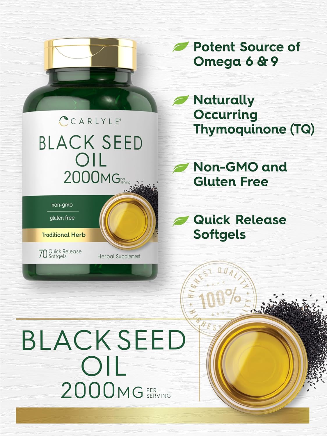 Carlyle Black Seed Oil Softgel Capsules | 2000mg | 70 Pills | for Women & Men | Non-GMO, Gluten Free Herbal Supplement - Image 4