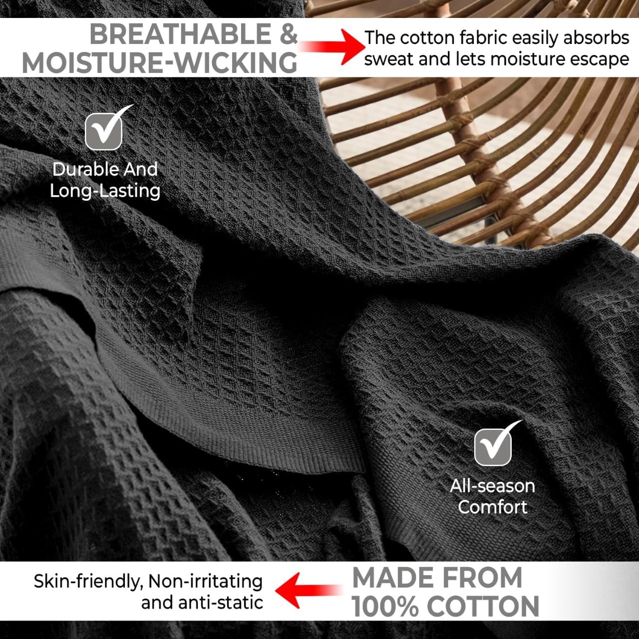 100% Cotton Blankets for Bed - Waffle Weave Blankets for Summer, Lightweight and Breathable Soft Woven Blanket for Spring (Black, Throw (50" x 60")) - Image 3