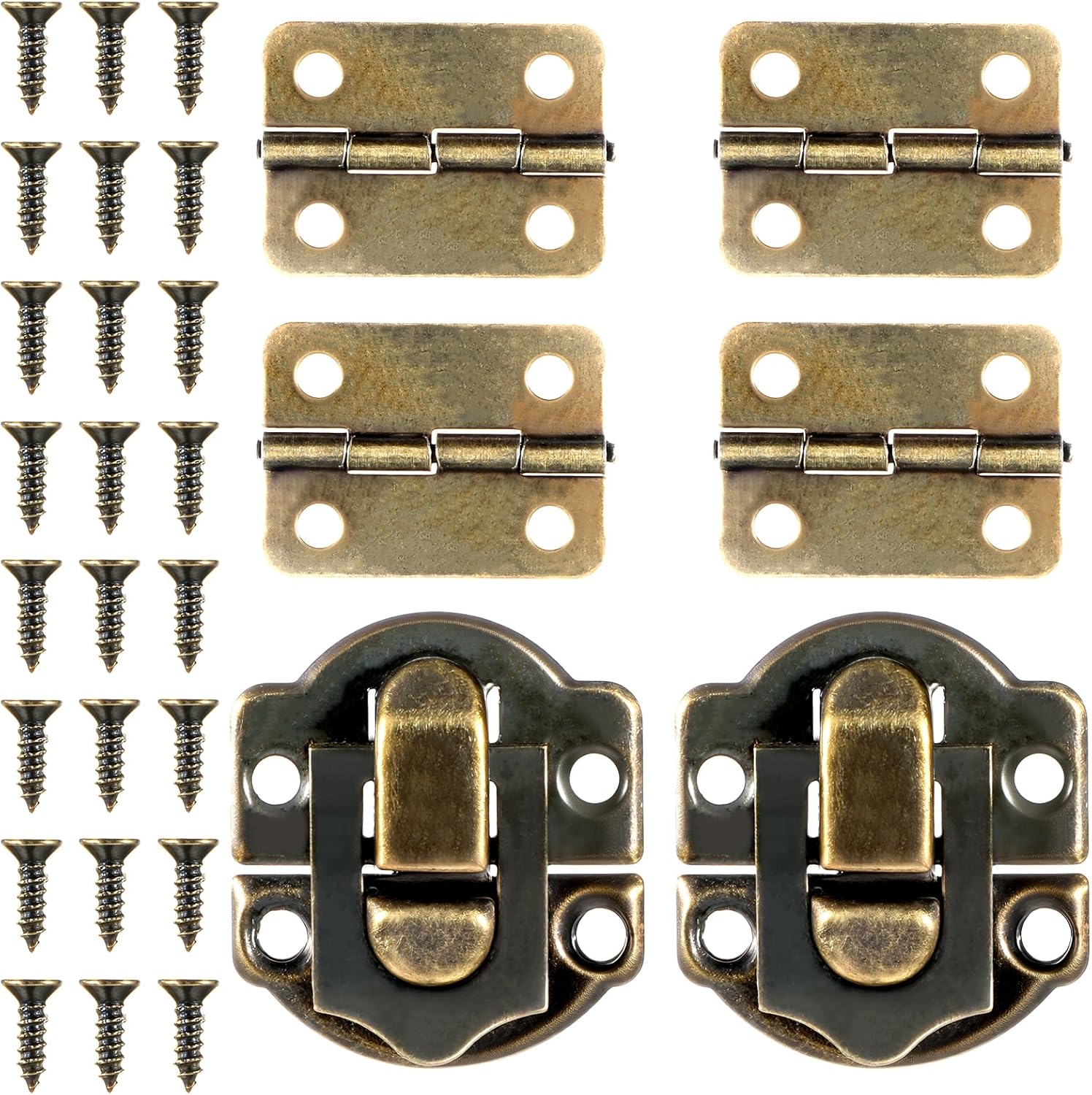 Antique Wooden Box Hinges and Latches with Matching Screws Retro Small Hinge Buckle Latch and Vintage Bronze Engraved Hinge for Decorative Cabinet Jewelry Box (2X Hasp Catch + 4X Hinges)